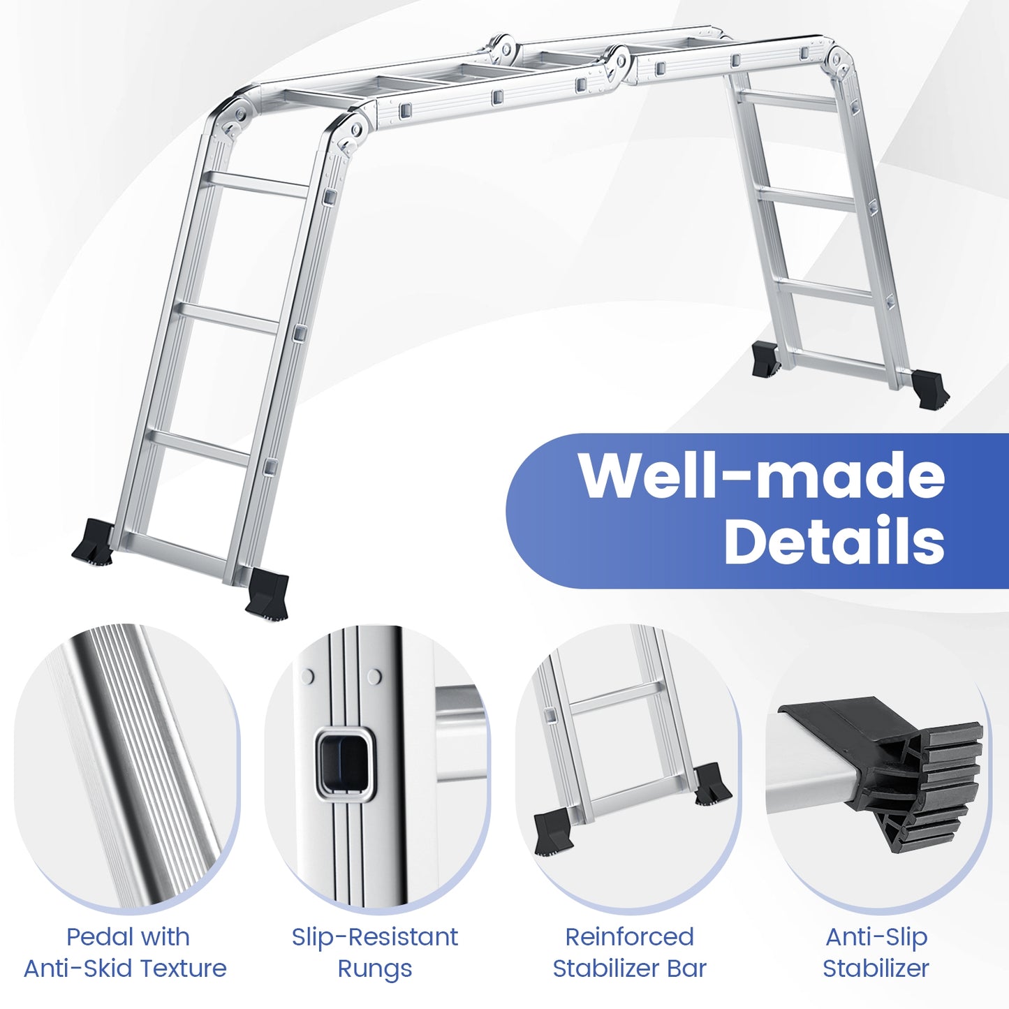 7-in-1 Folding Aluminum Ladder with Anti-Skid Pedal