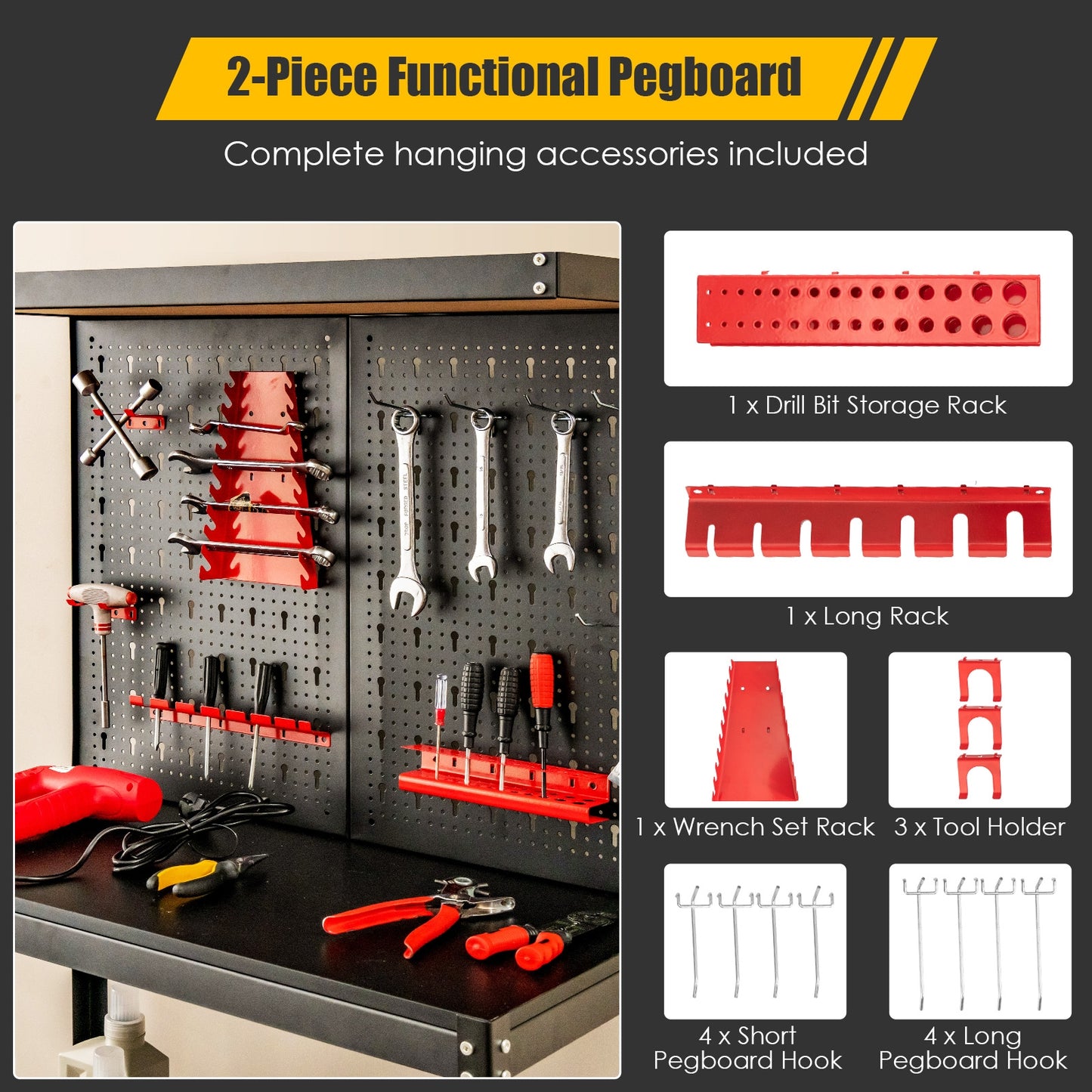 Tool Storage Workbench with Peg Board 2 Lower Shelves 14 Hanging Accessories-Black
