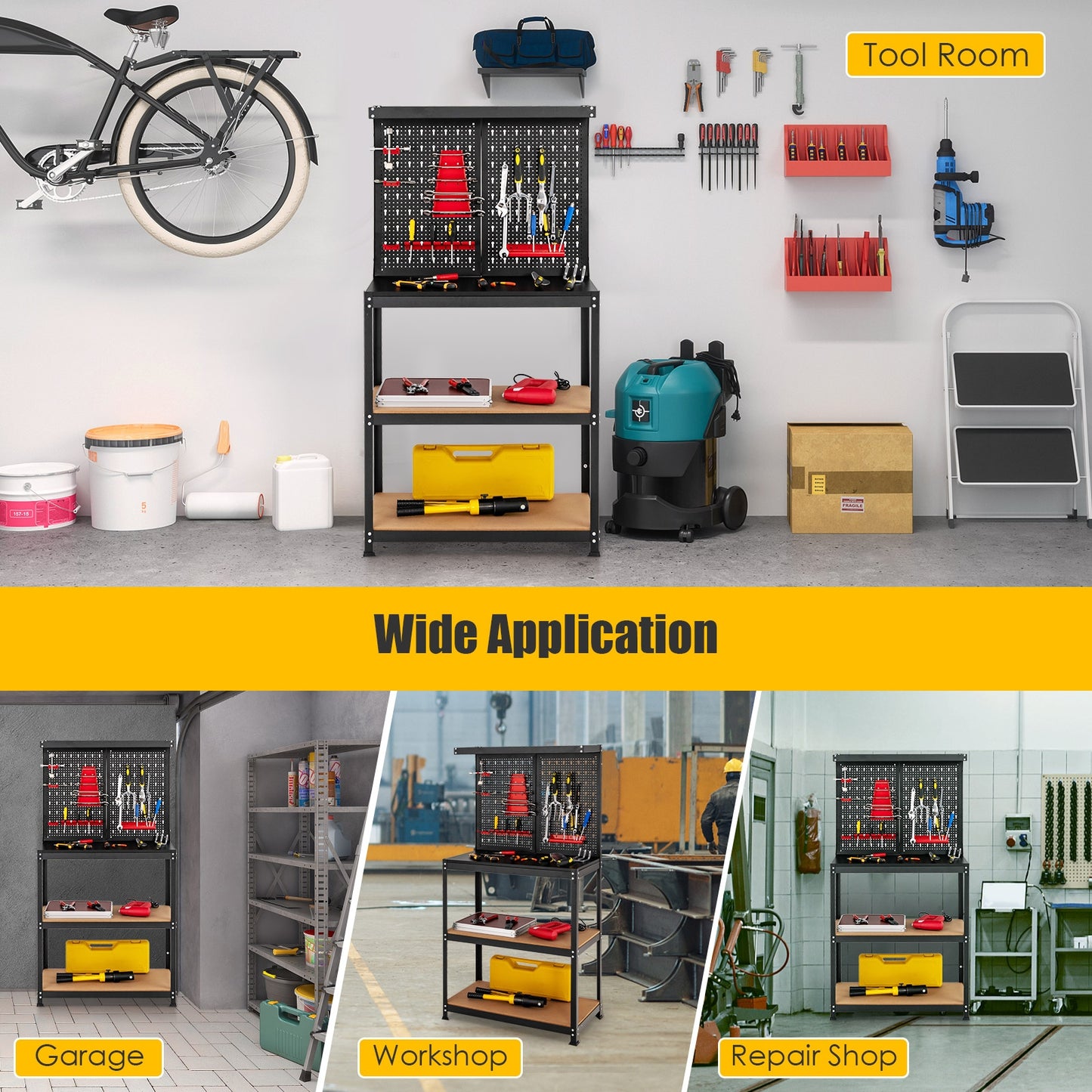 Tool Storage Workbench with Peg Board 2 Lower Shelves 14 Hanging Accessories-Black