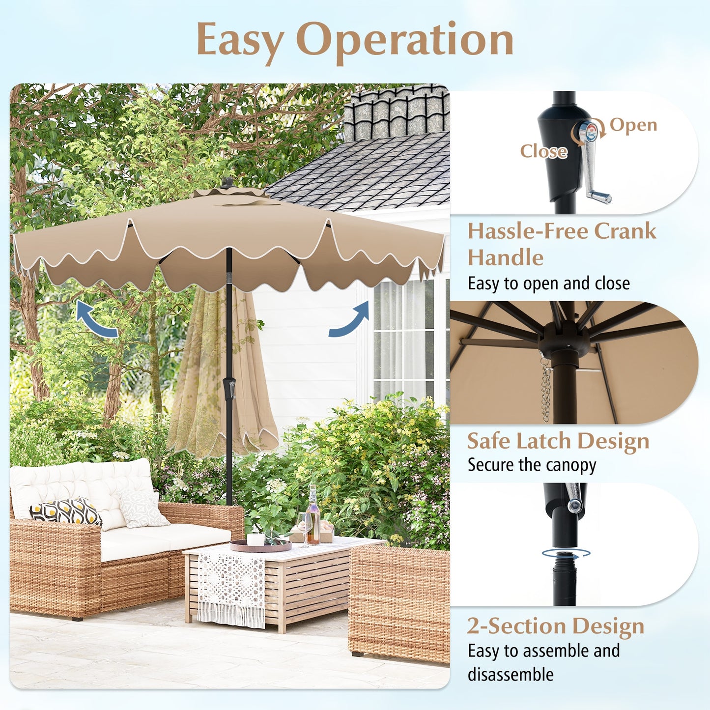 9 Feet Patio Umbrella with Crank Handle and Push Button Tilt-Brown