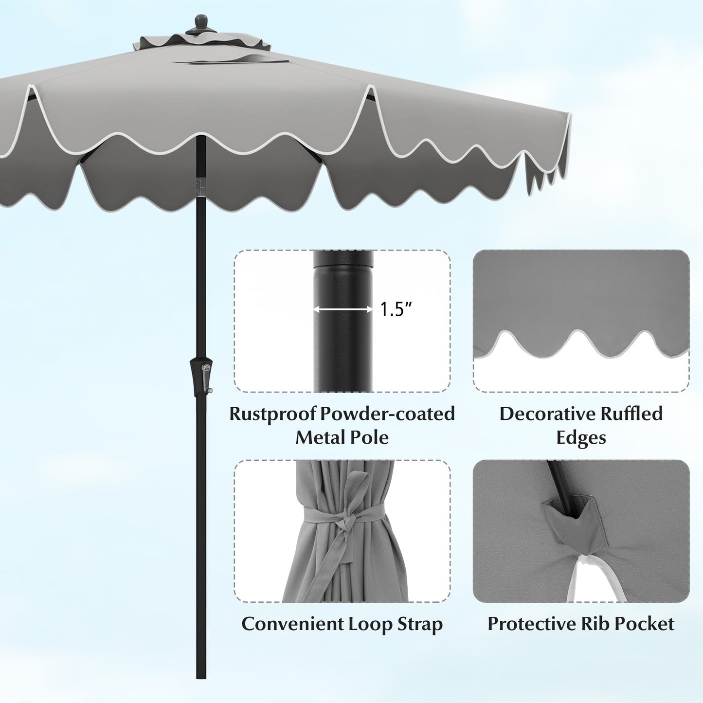 9 Feet Patio Umbrella with Crank Handle and Push Button Tilt-Gray