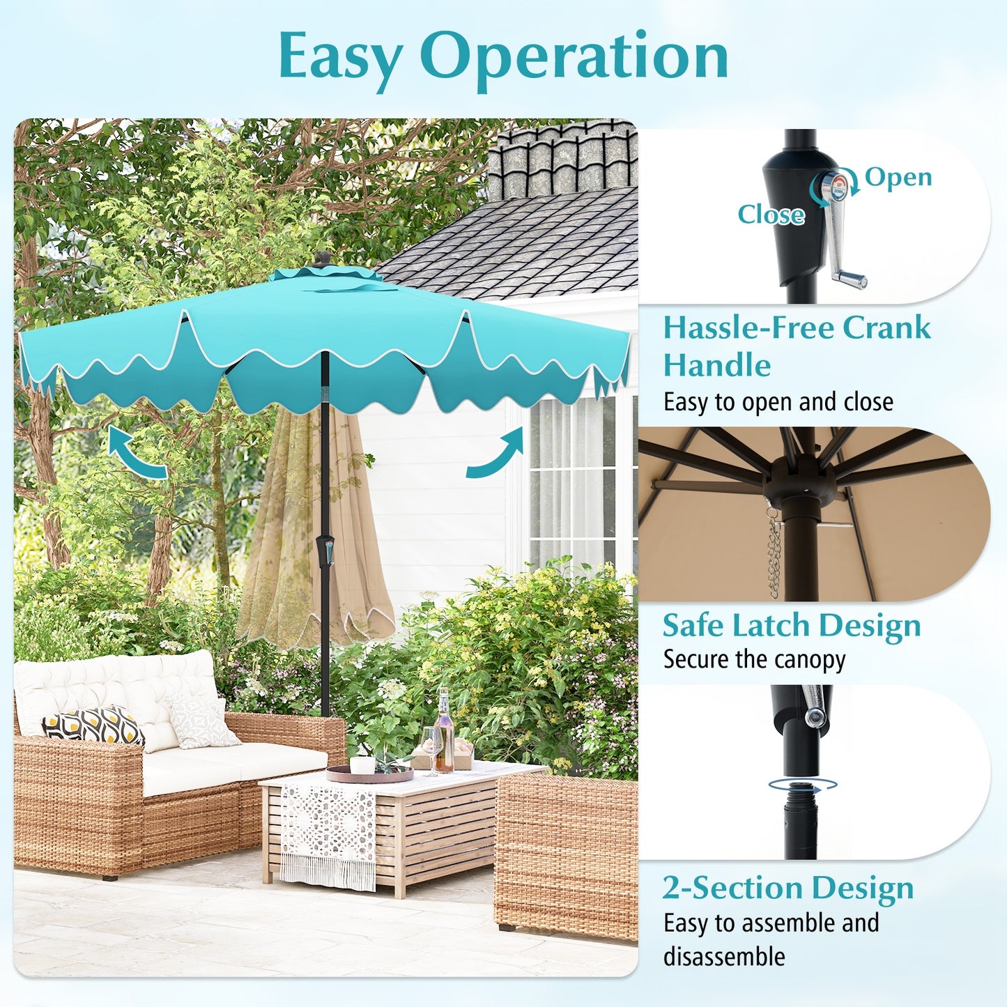 9 Feet Patio Umbrella with Crank Handle and Push Button Tilt-Turquoise