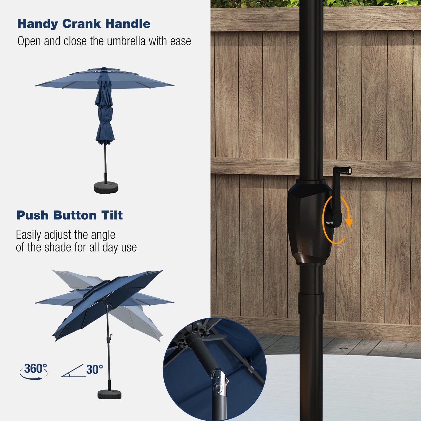 10 ft 3-tier Vented Patio Umbrella with Push Button Tilt-Navy