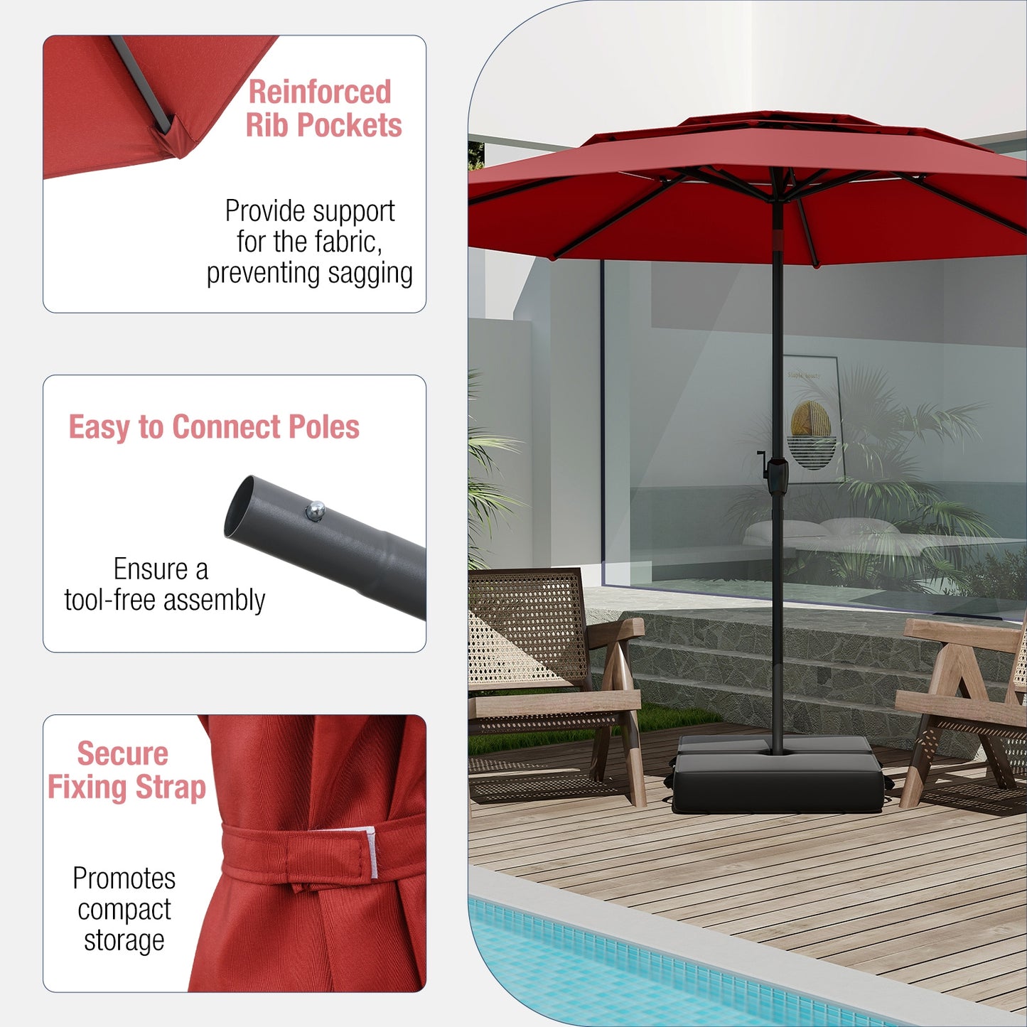 10 ft 3-tier Vented Patio Umbrella with Push Button Tilt-Red