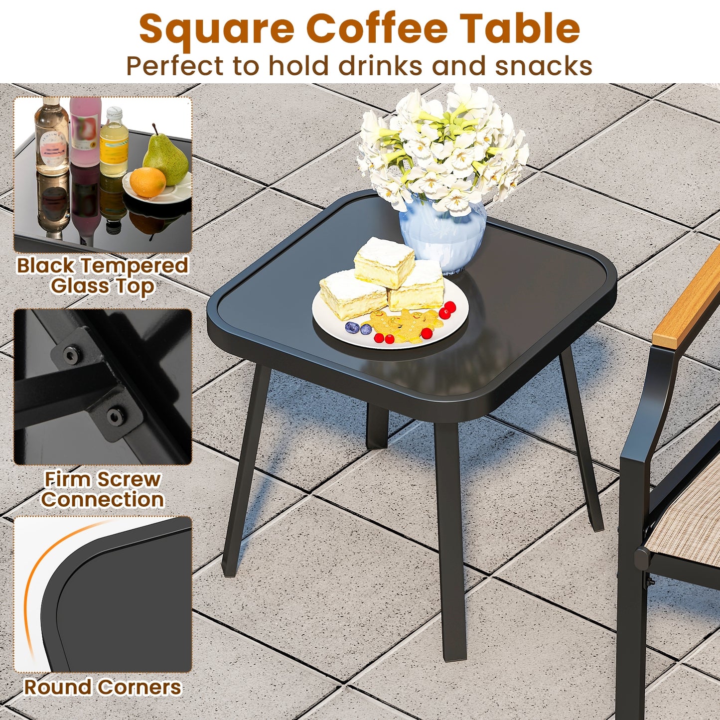 3 Piece Outdoor Chair Set with Breathable Fabric Seat and Armrests-Brown