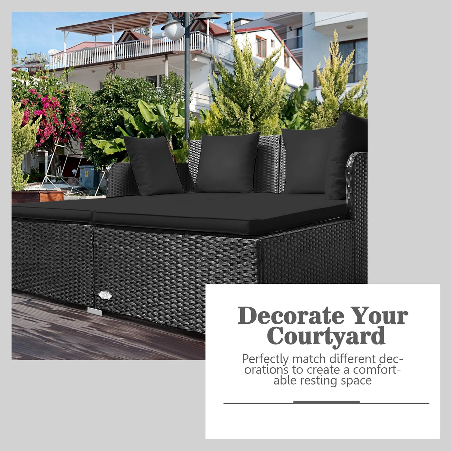 Spacious Outdoor Rattan Daybed with Upholstered Cushions and Pillows-Black