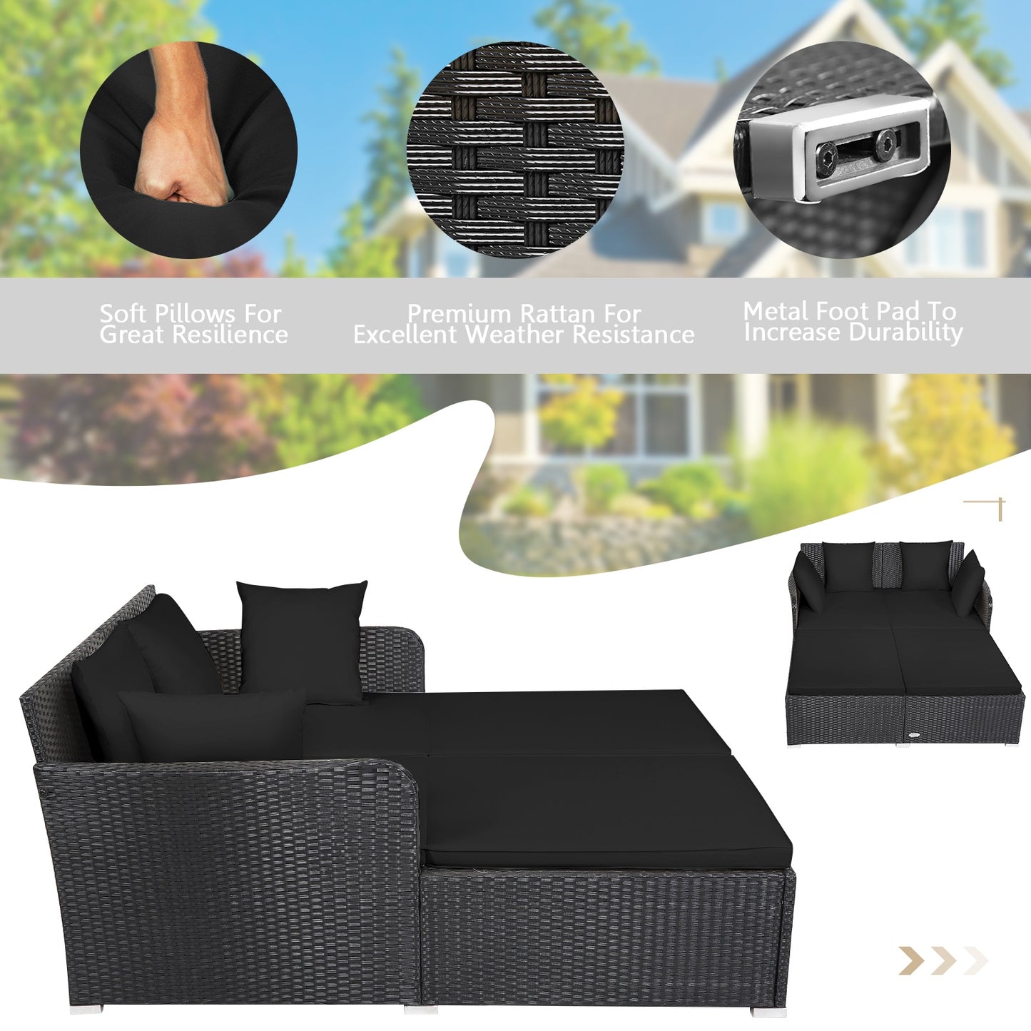 Spacious Outdoor Rattan Daybed with Upholstered Cushions and Pillows-Black