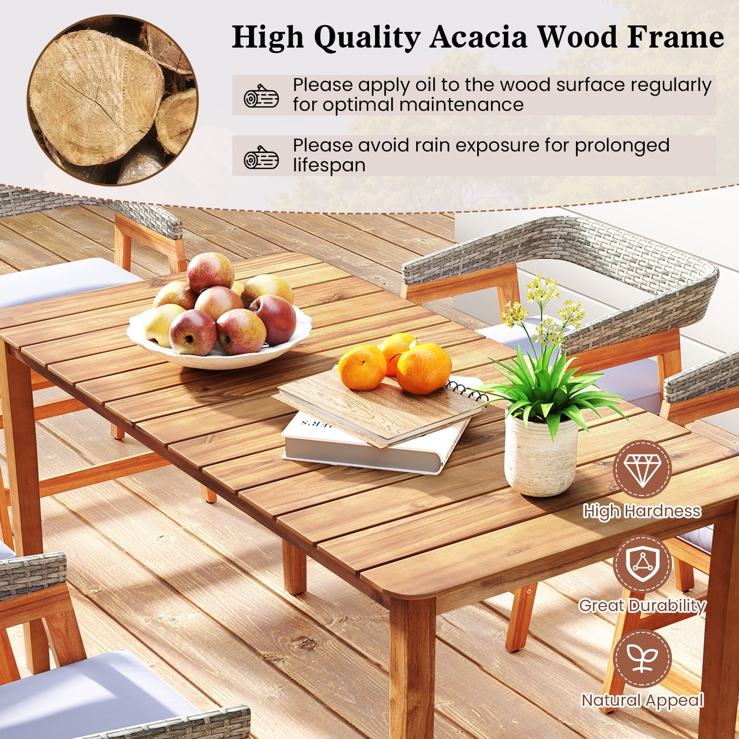 Rectangular Outdoor Dining Table Acacia Wood for 4-6 People