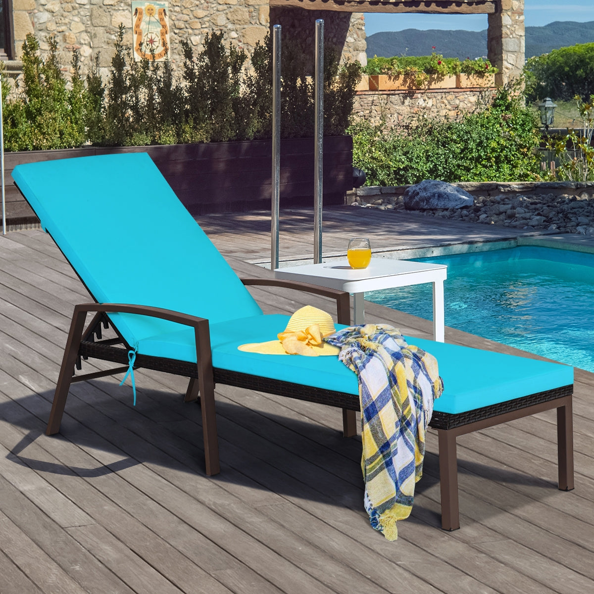 2 Pieces Patio Rattan Reclining Chaise Lounge Chair with Cushion and Armrest-Turquoise and White