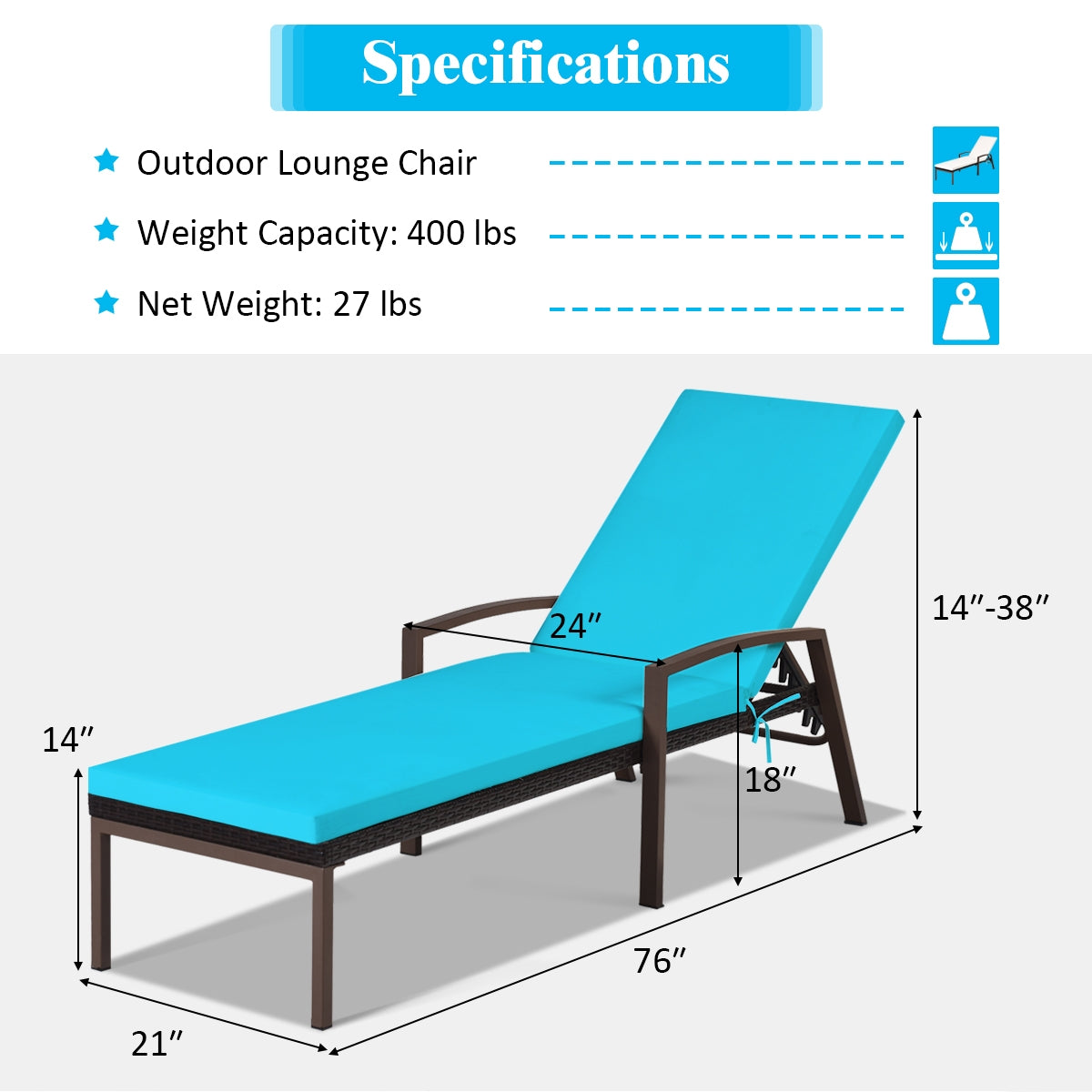2 Pieces Patio Rattan Reclining Chaise Lounge Chair with Cushion and Armrest-Turquoise and White