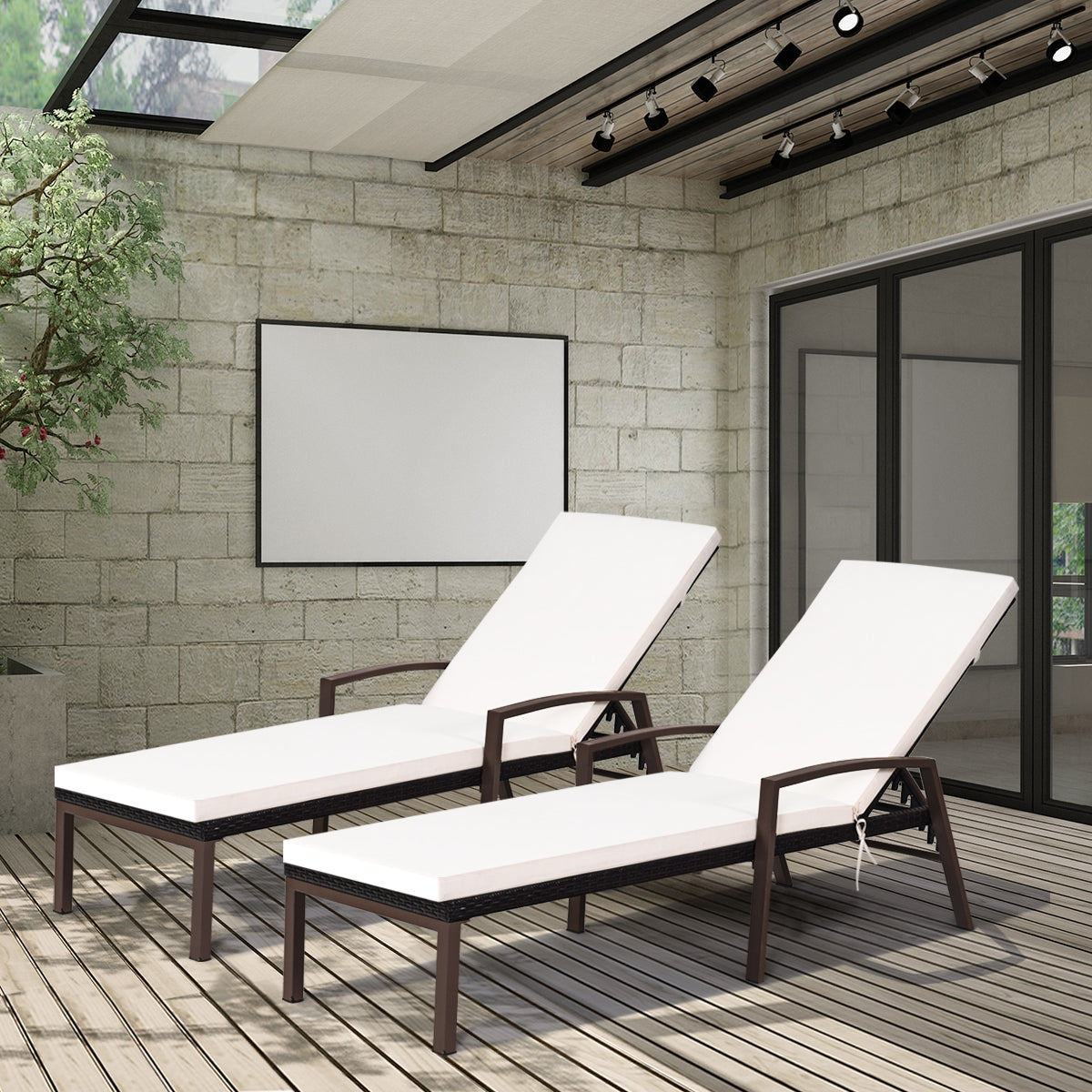 2 Pieces Patio Rattan Reclining Chaise Lounge Chair with Cushion and Armrest-Turquoise and White