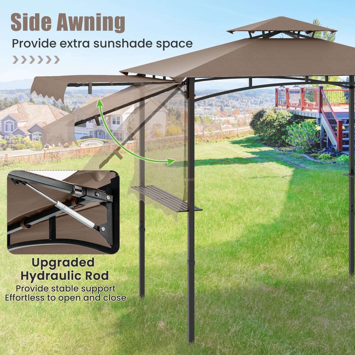 11 x 5 FT Grill Gazebo with Side Awning and Double-Tiered Top-Brown