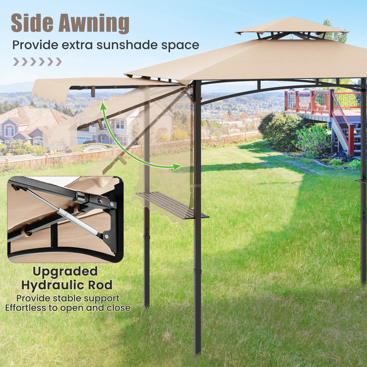 11 x 5 FT Grill Gazebo with Side Awning and Double-Tiered Top-Beige