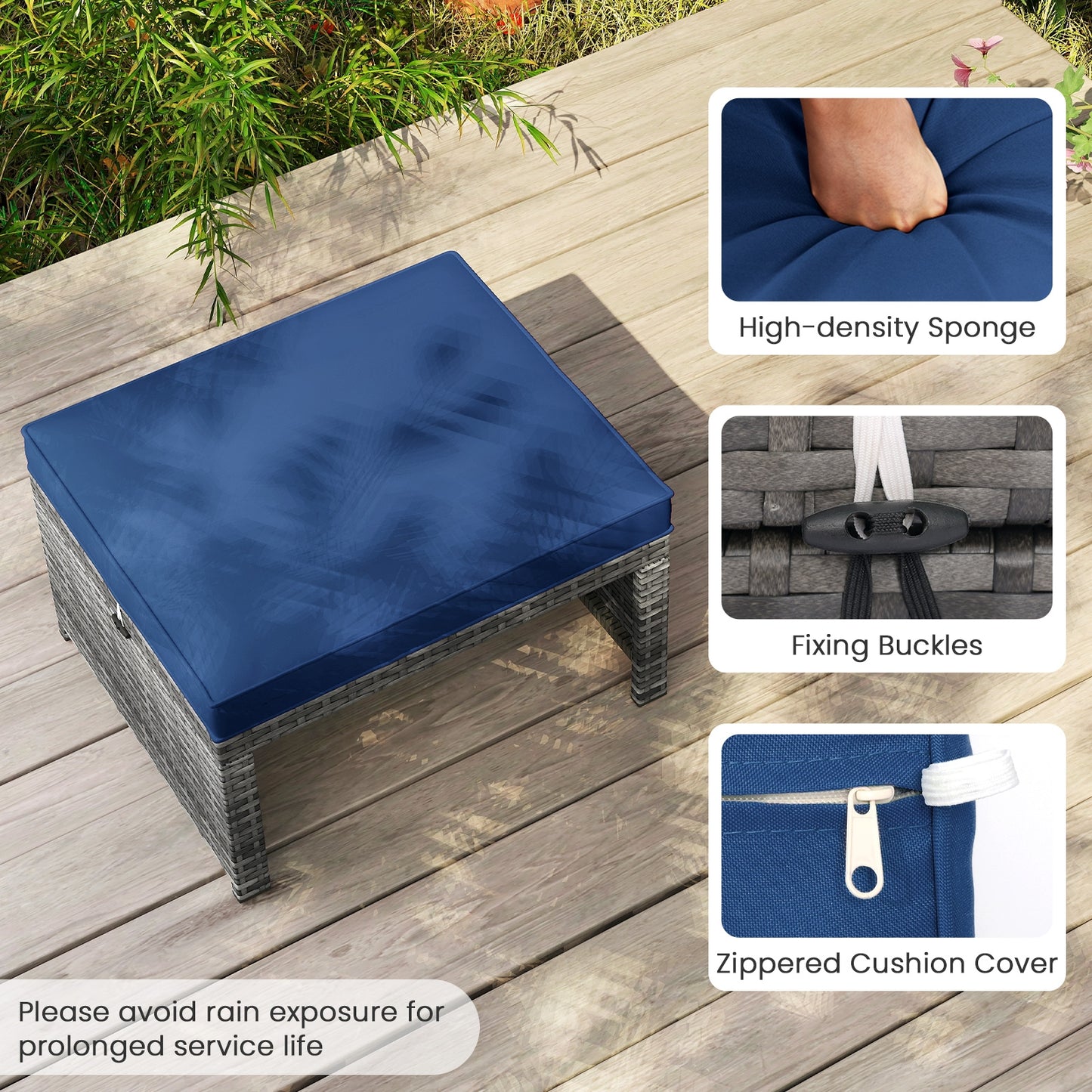 2 Pieces Patio PE Rattan Ottomans with Soft Zippered Cushions for Deck-Navy