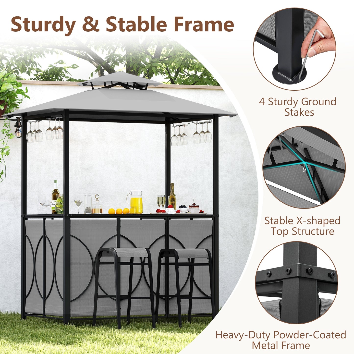 6.5 x 4 x 8 FT Grill Gazebo Set with 2 Bar Stools and Bar Table-Gray