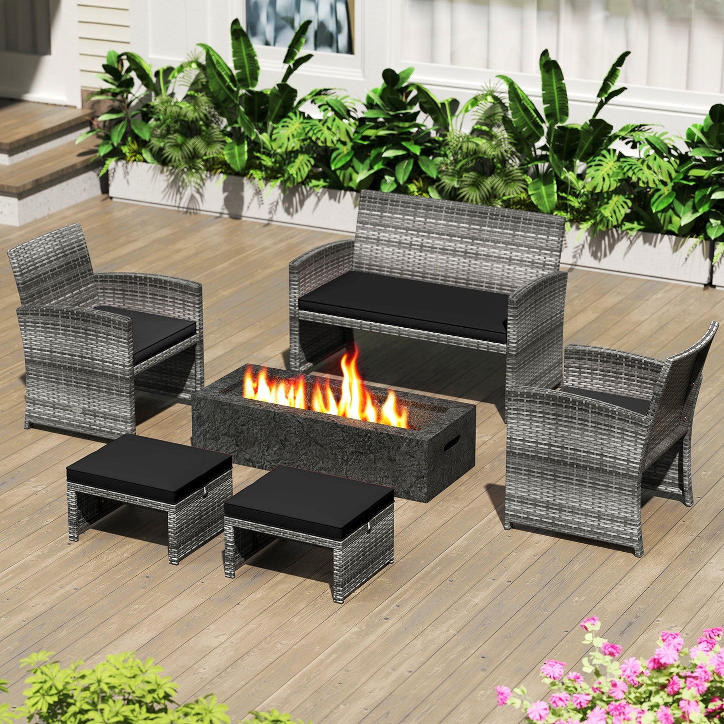 2 Pieces Patio PE Rattan Ottomans with Soft Zippered Cushions for Deck-Black