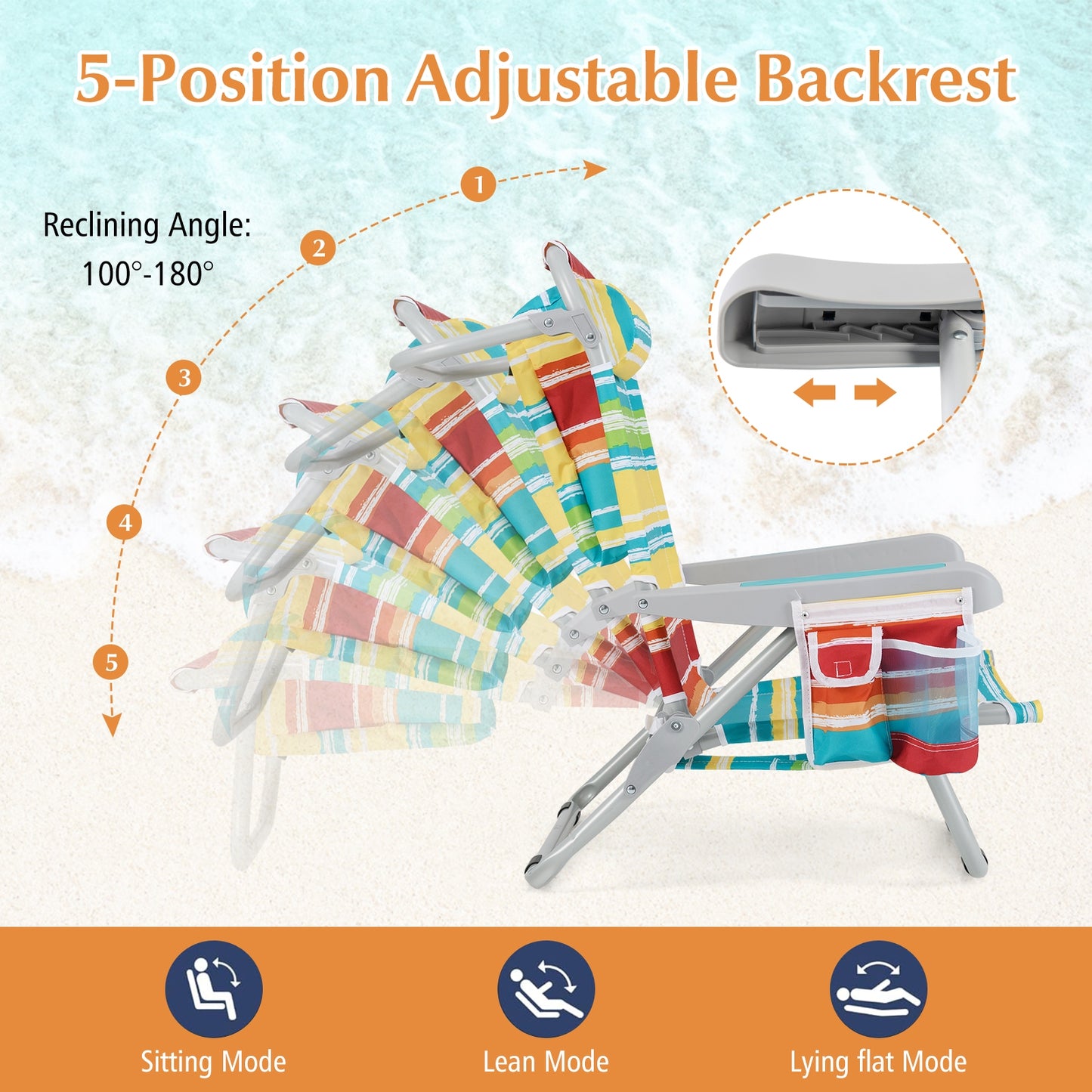 1 Piece Foldable Backpack Beach Chair with Cup Holder and Storage Pockets for Outdoor-Multicolor