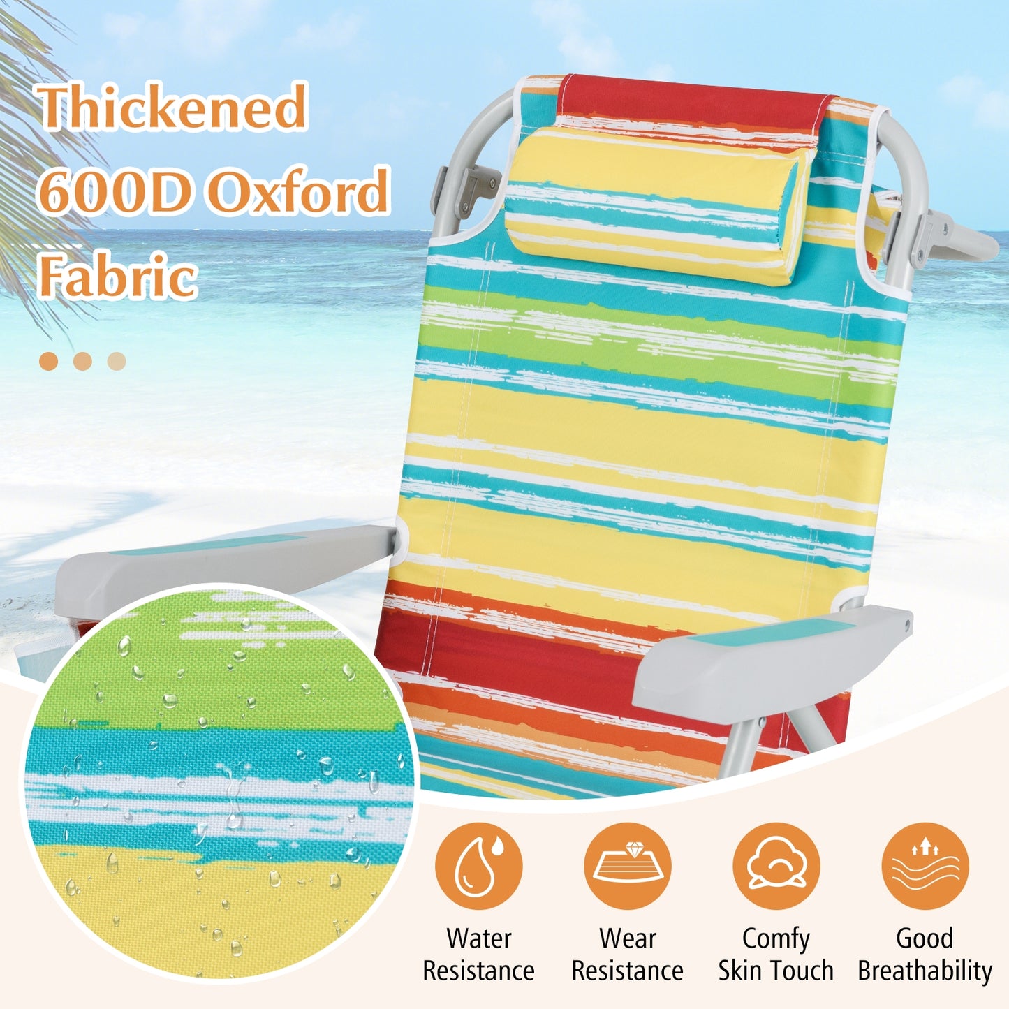 1 Piece Foldable Backpack Beach Chair with Cup Holder and Storage Pockets for Outdoor-Multicolor