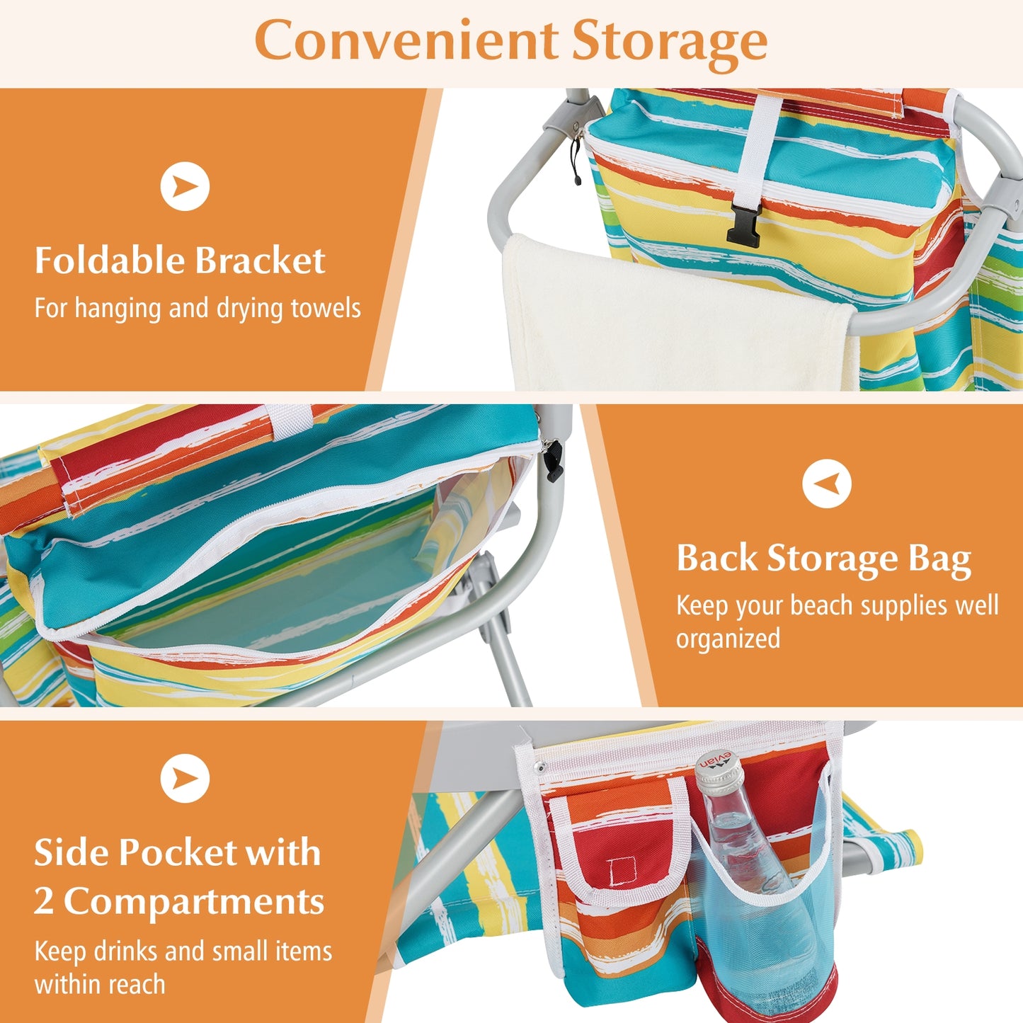 1 Piece Foldable Backpack Beach Chair with Cup Holder and Storage Pockets for Outdoor-Multicolor