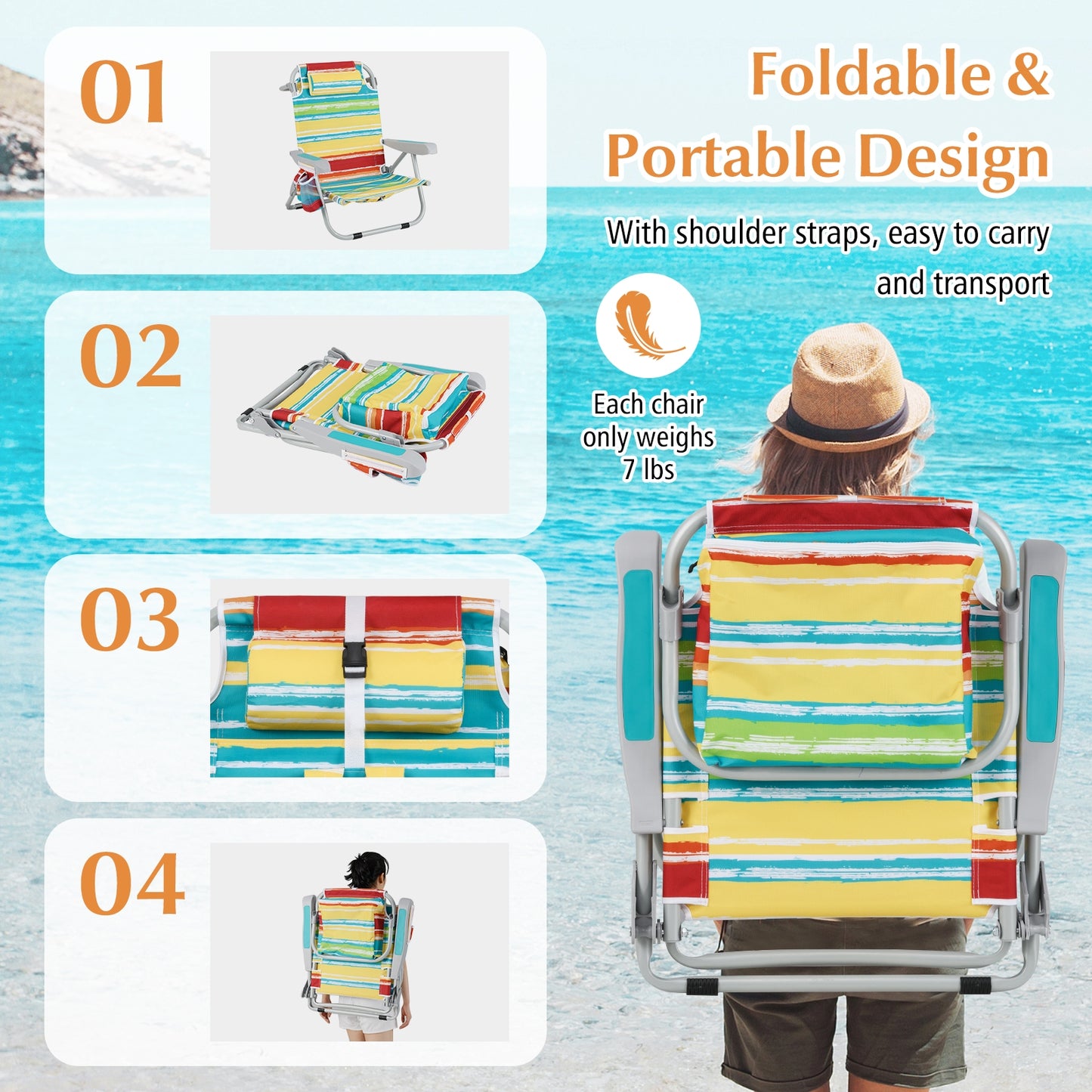 1 Piece Foldable Backpack Beach Chair with Cup Holder and Storage Pockets for Outdoor-Multicolor
