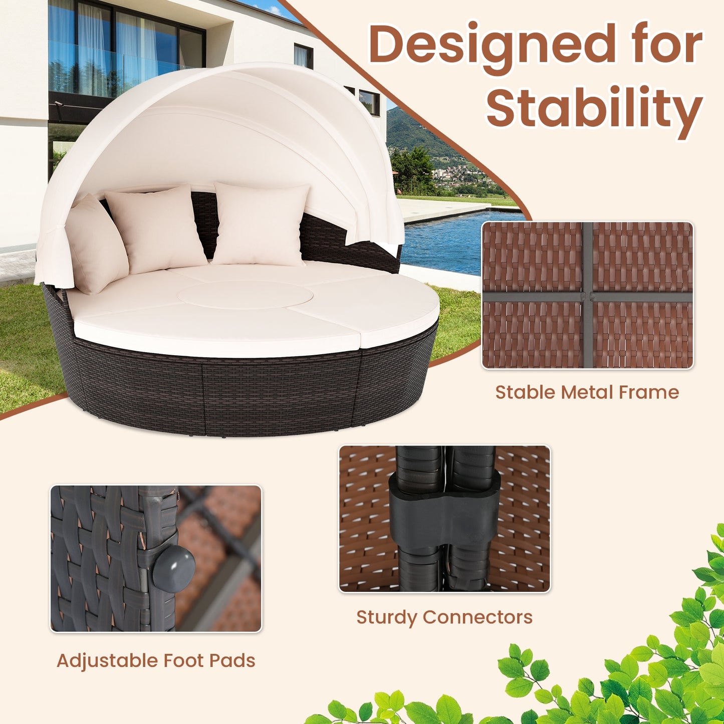 Patio Round Daybed with Retractable Canopy-White