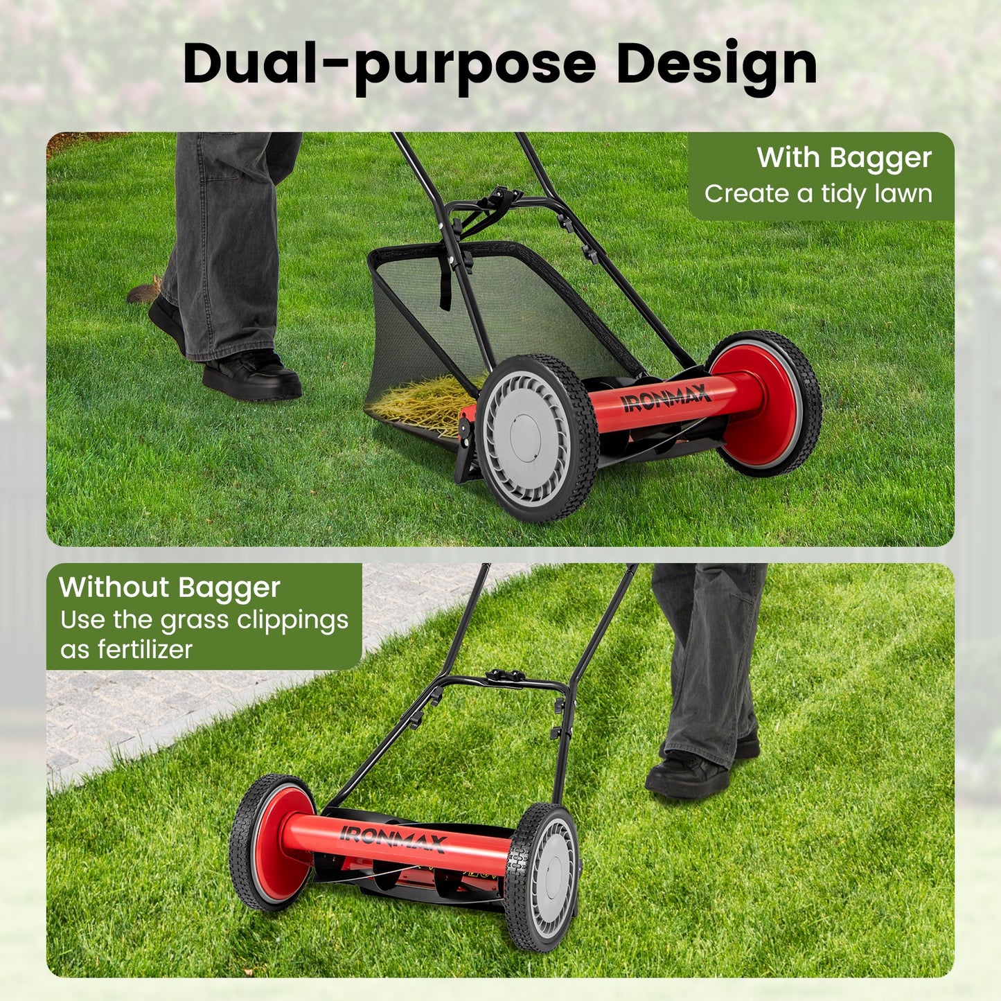 16 Inch Push Lawn Mower with 5 Steel Blades and Grass Catcher Bag-Red
