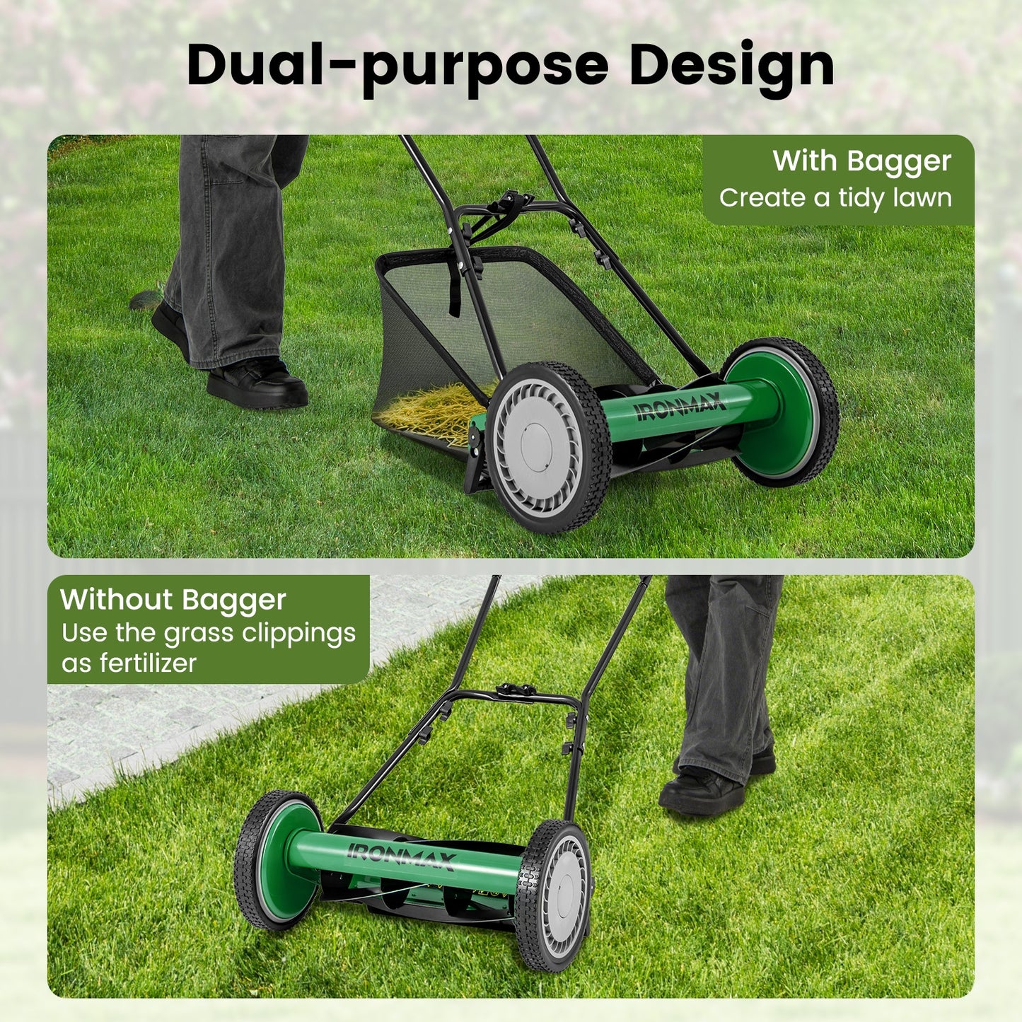 16 Inch Push Lawn Mower with 5 Steel Blades and Grass Catcher Bag-Green