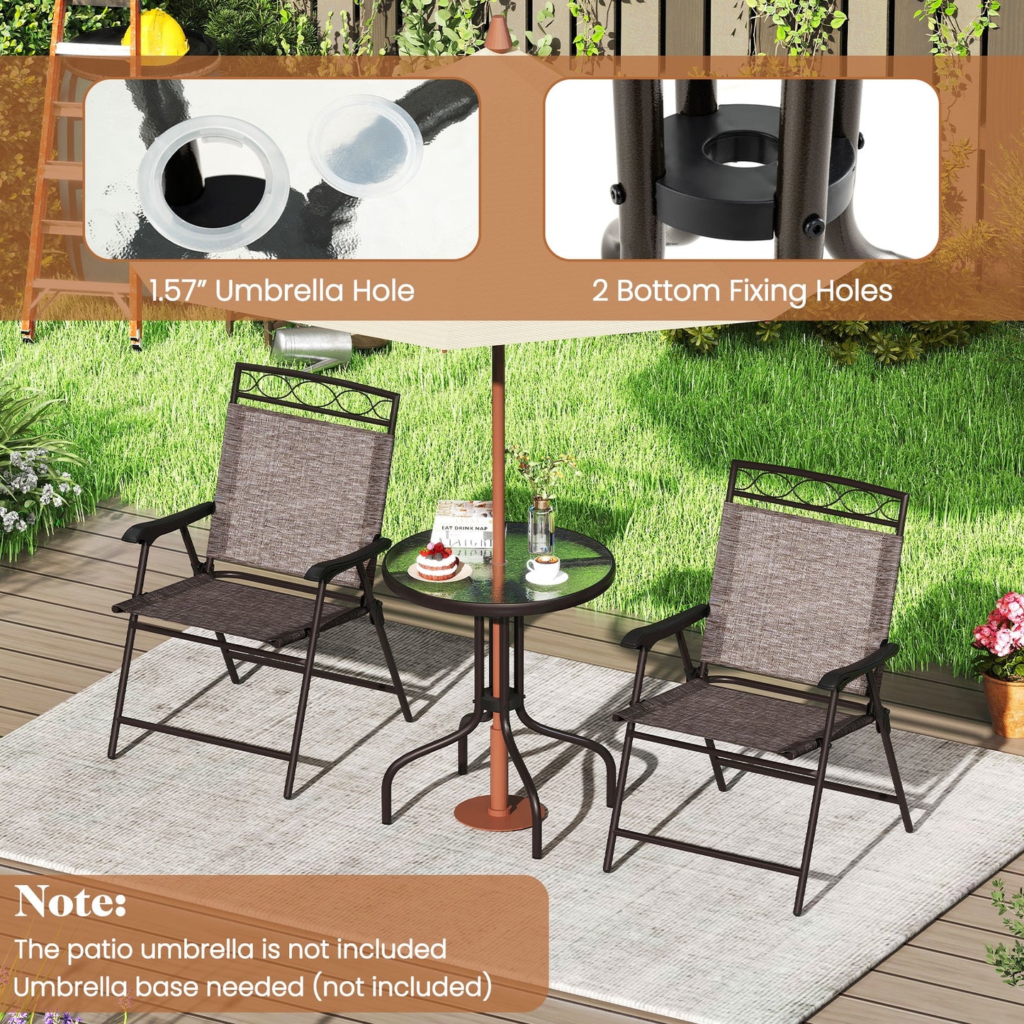 3 Pieces Outdoor Bistro Dining Furniture Set with Umbrella Hole