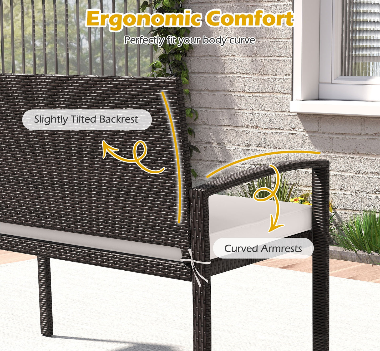 Wicker 2-Seat Bench with Soft Seat Cushion and Metal Frame-White