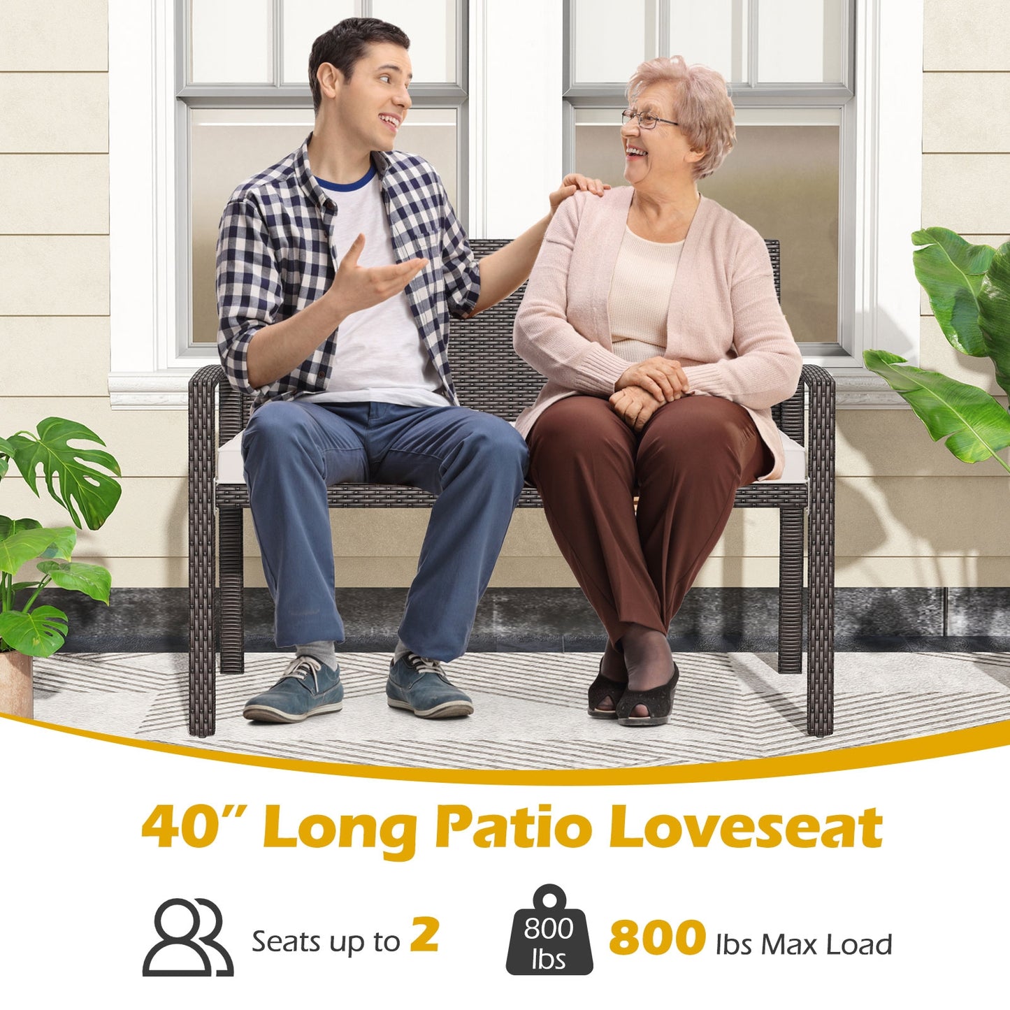 Wicker 2-Seat Bench with Soft Seat Cushion and Metal Frame-White
