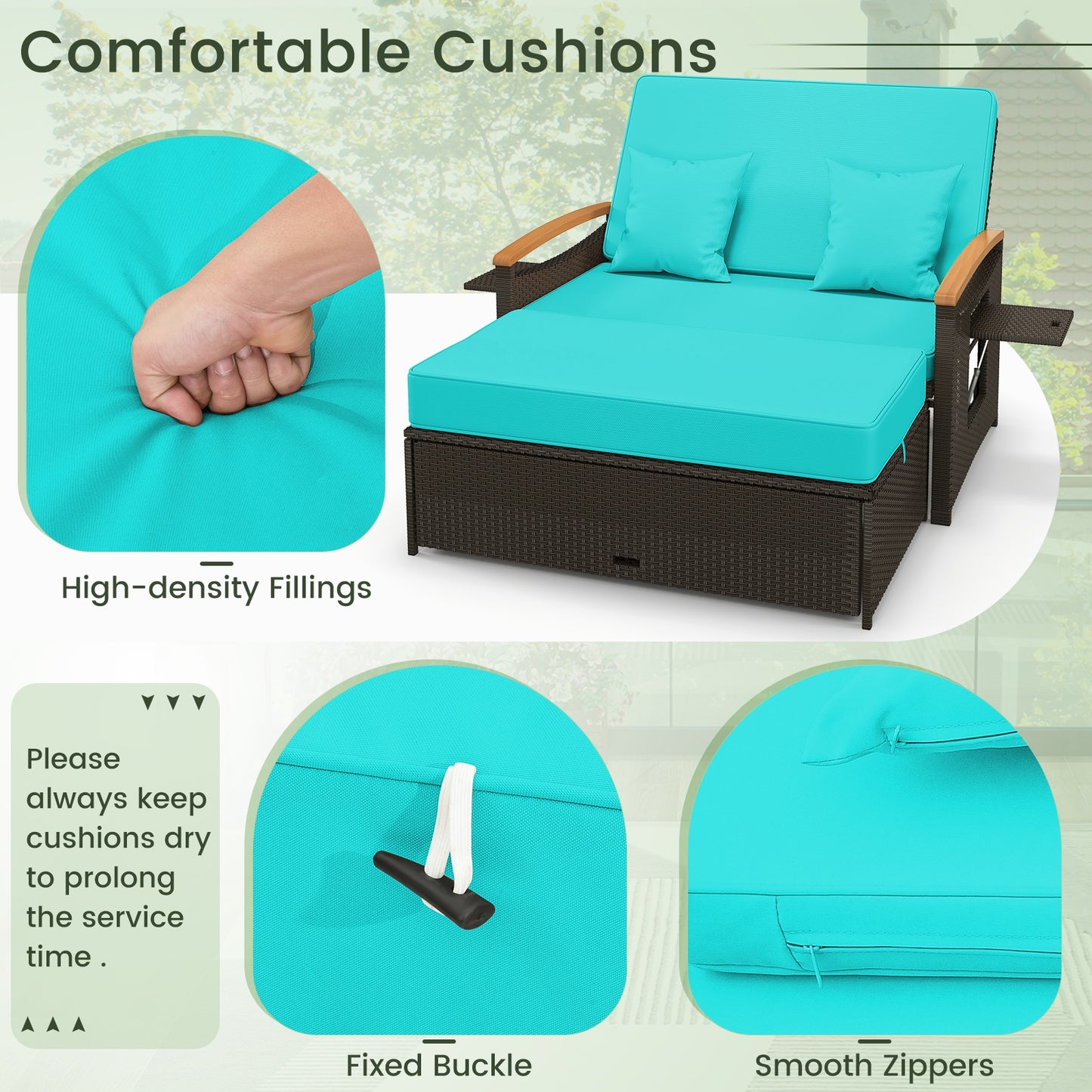 Outdoor Wicker Daybed with Folding Panels and Storage Ottoman-Green