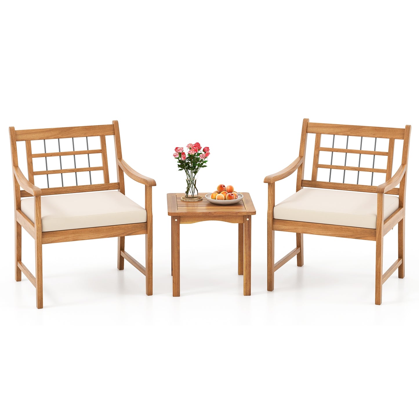 3 Piece Wood Patio Furniture Set with Seat Cushions and Acacia Wood Frame-White