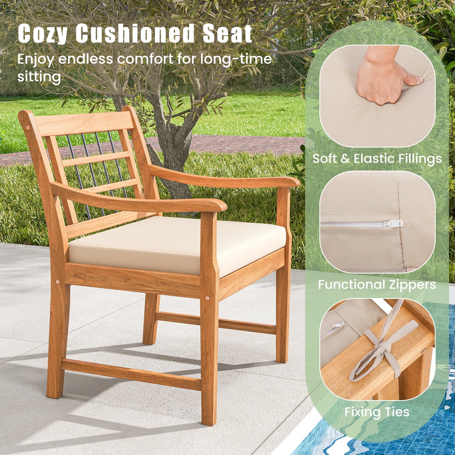 3 Piece Wood Patio Furniture Set with Seat Cushions and Acacia Wood Frame-White