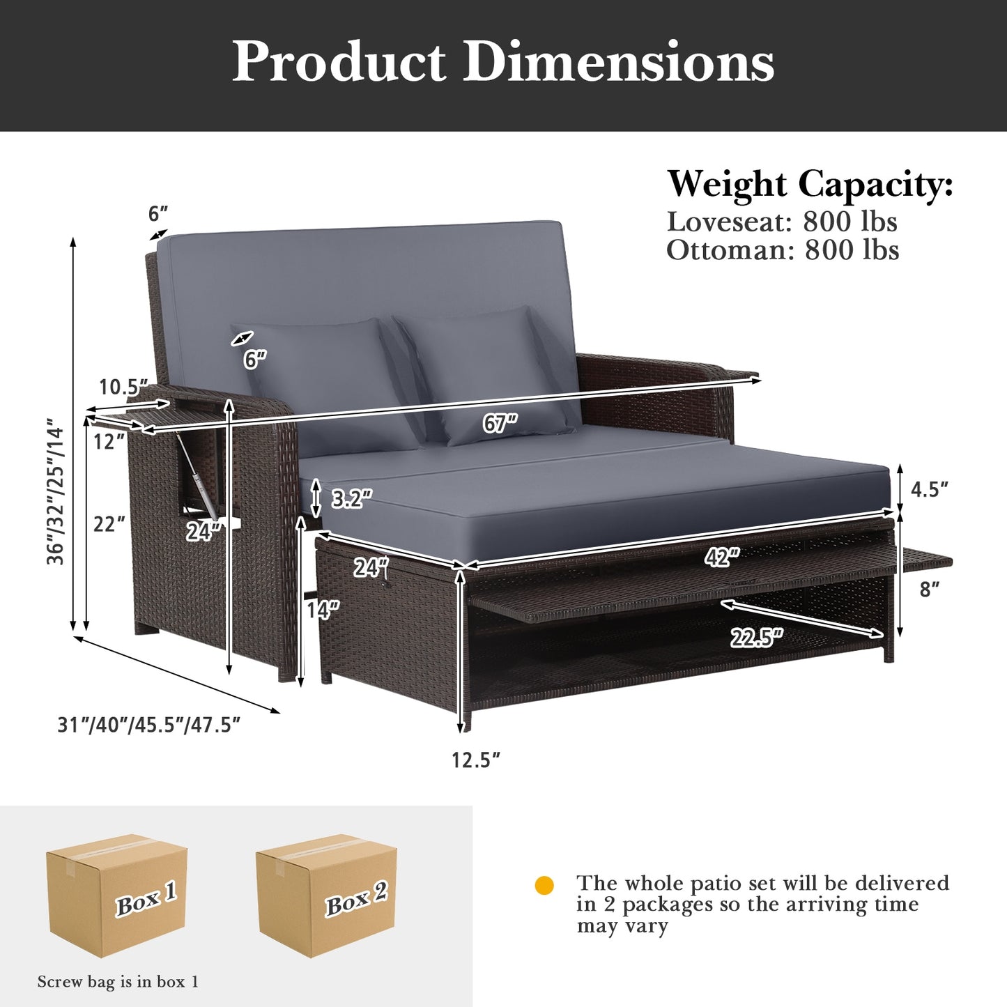 Patio Rattan Daybed with 4-Level Adjustable Backrest and Retractable Side Tray-Gray