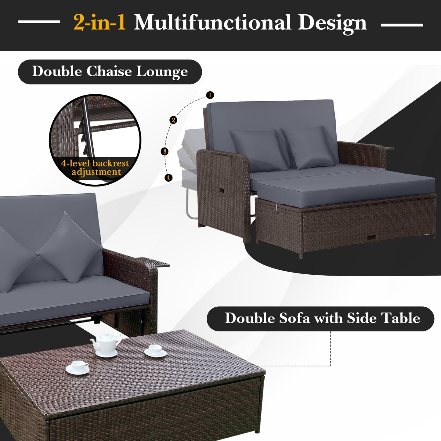 Patio Rattan Daybed with 4-Level Adjustable Backrest and Retractable Side Tray-Gray