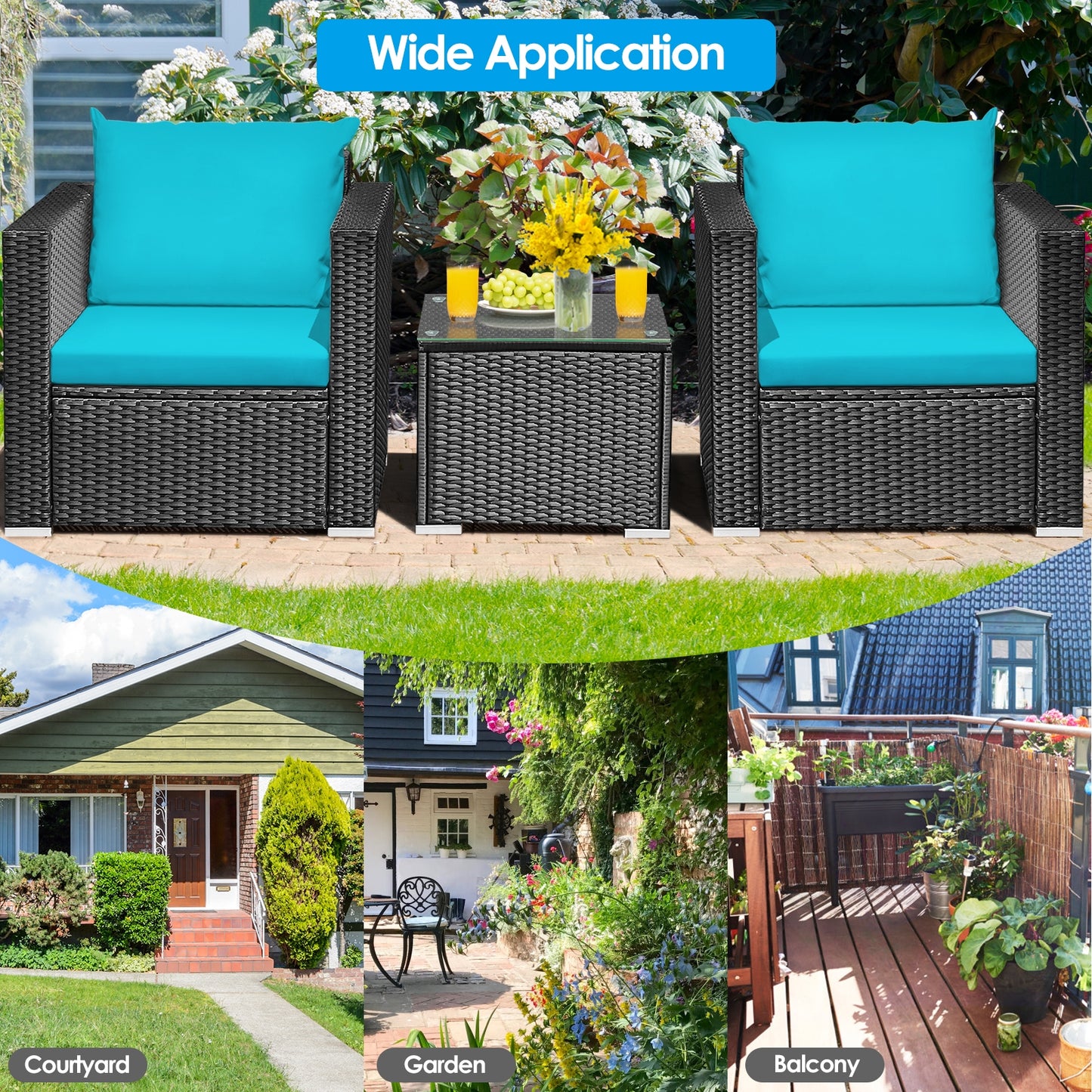 3 Pieces Patio Wicker Conversation Set with Cushion-Turquoise