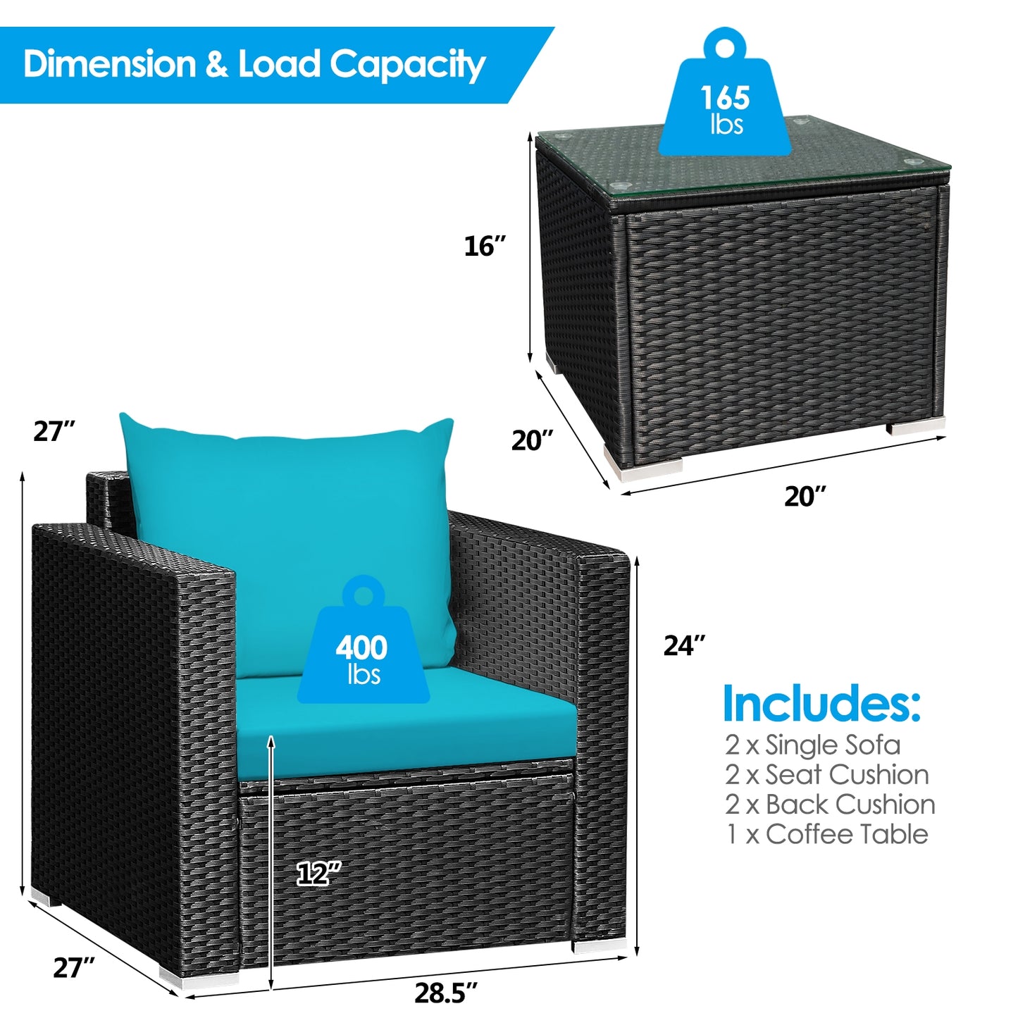 3 Pieces Patio Wicker Conversation Set with Cushion-Turquoise