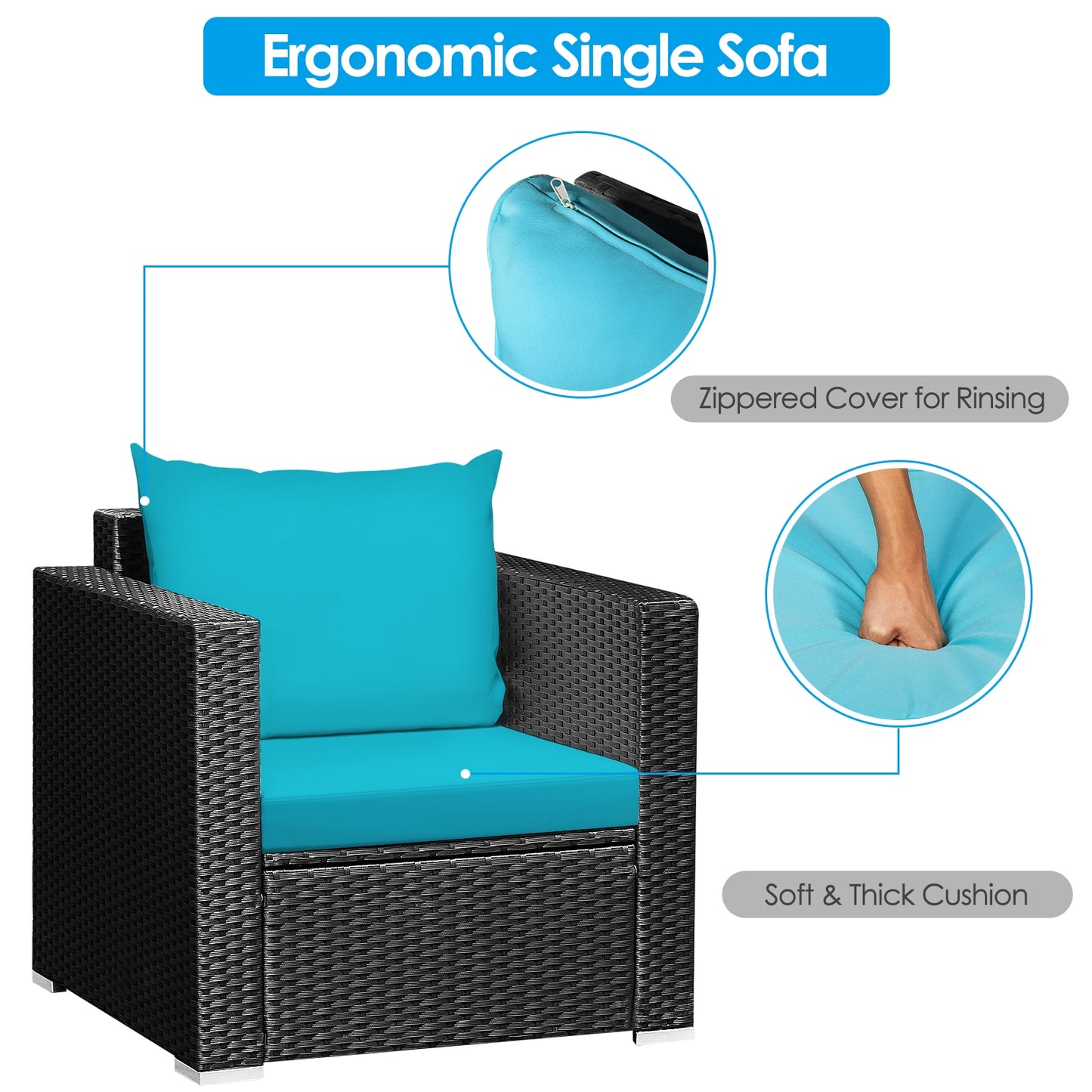 3 Pieces Patio Wicker Conversation Set with Cushion-Turquoise