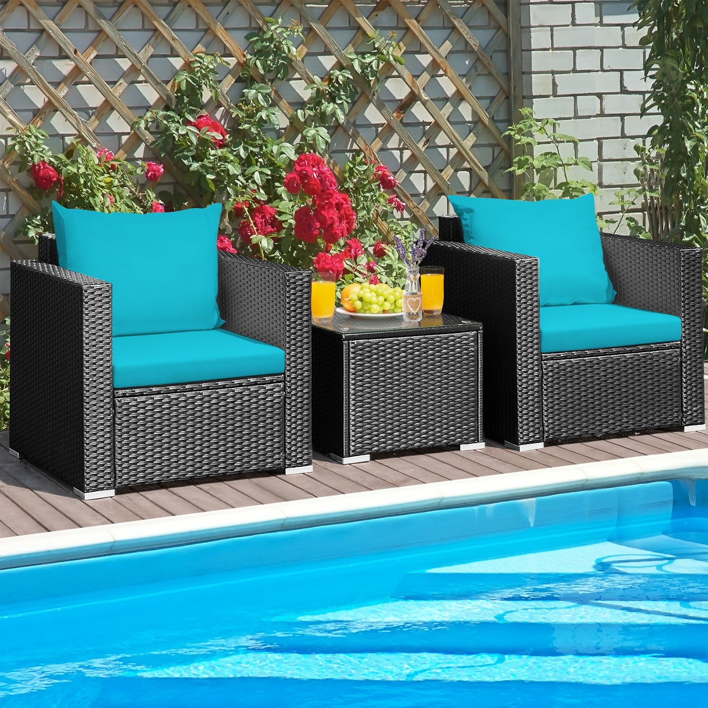 3 Pieces Patio Wicker Conversation Set with Cushion-Turquoise