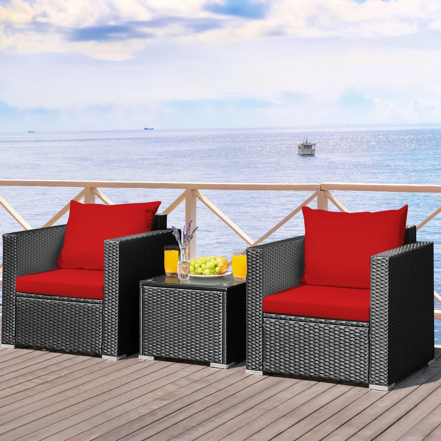 3 Pieces Patio wicker Furniture Set with Cushion-Red