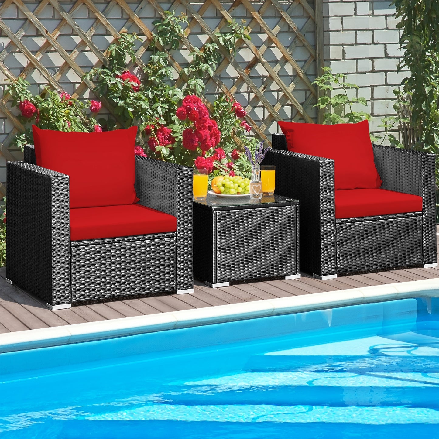 3 Pieces Patio wicker Furniture Set with Cushion-Red