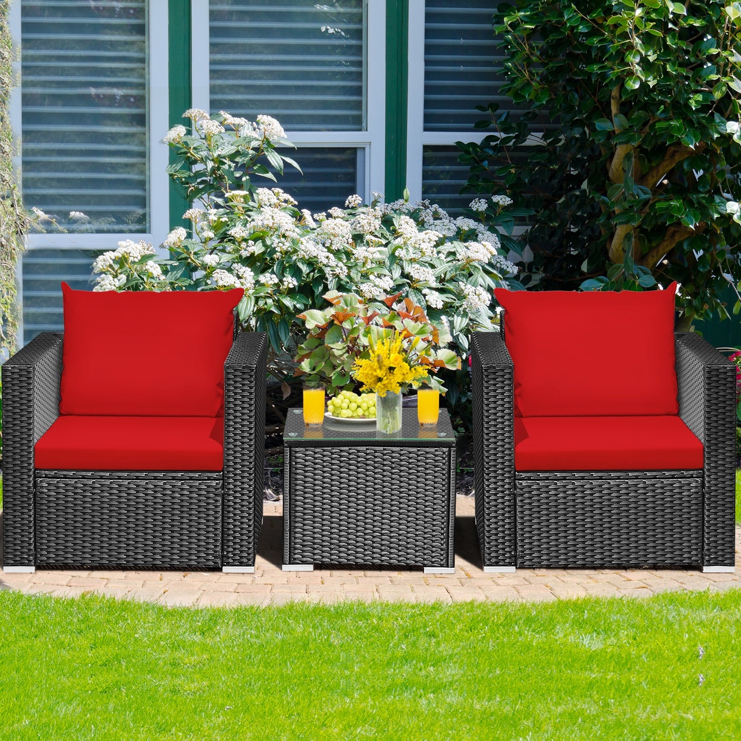 3 Pieces Patio wicker Furniture Set with Cushion-Red