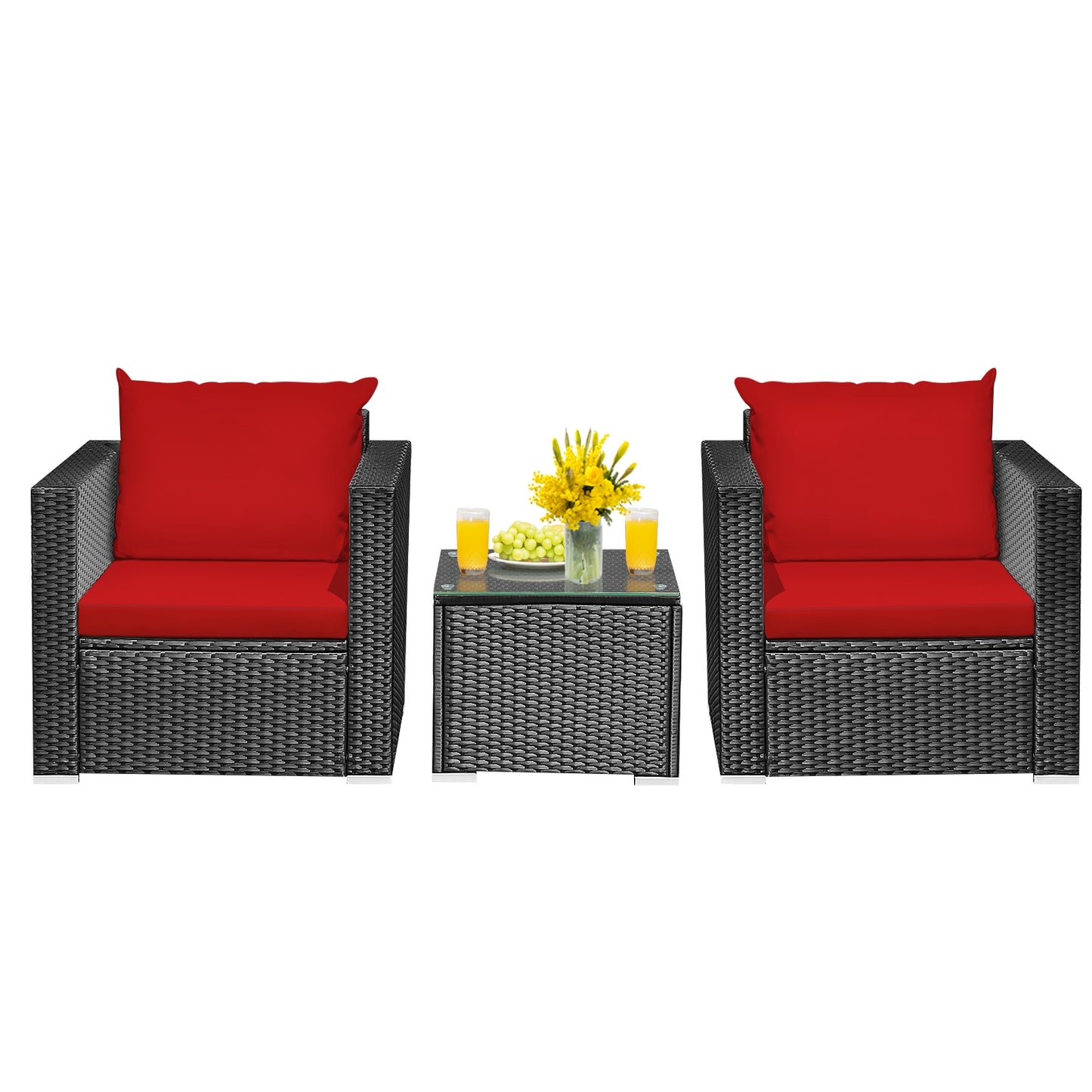 3 Pieces Patio wicker Furniture Set with Cushion-Red