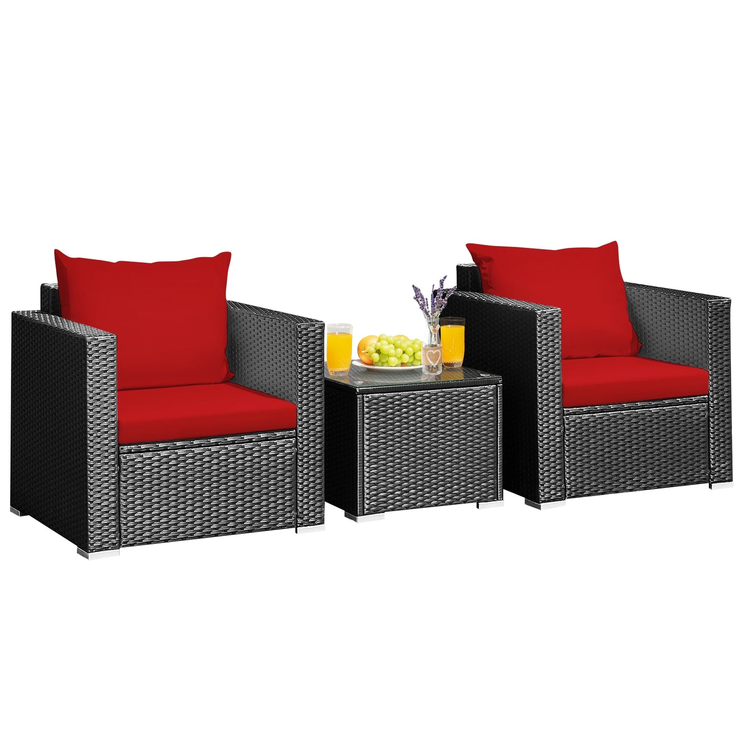 3 Pieces Patio wicker Furniture Set with Cushion-Red
