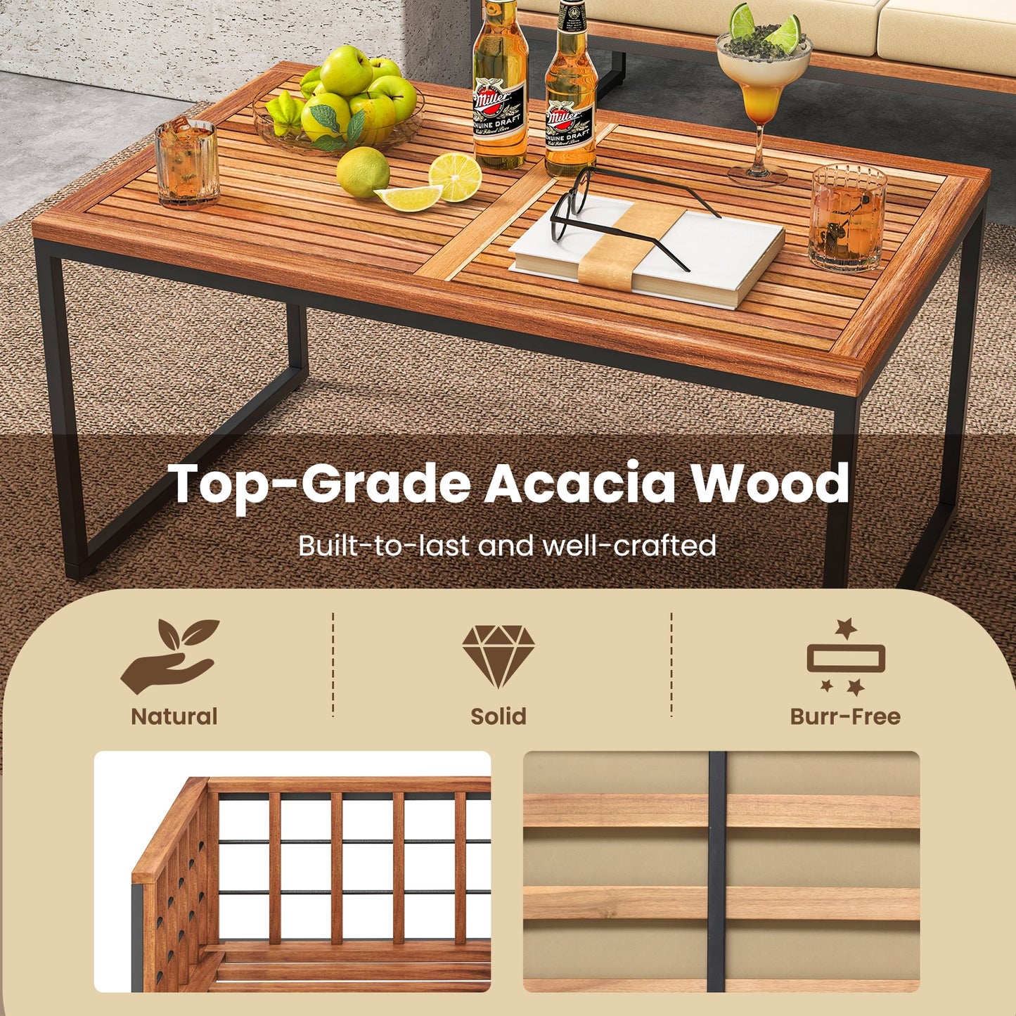 4 Pieces Acacia Wood Outdoor Sofa Set for Balcony Porch Backyard Poolside