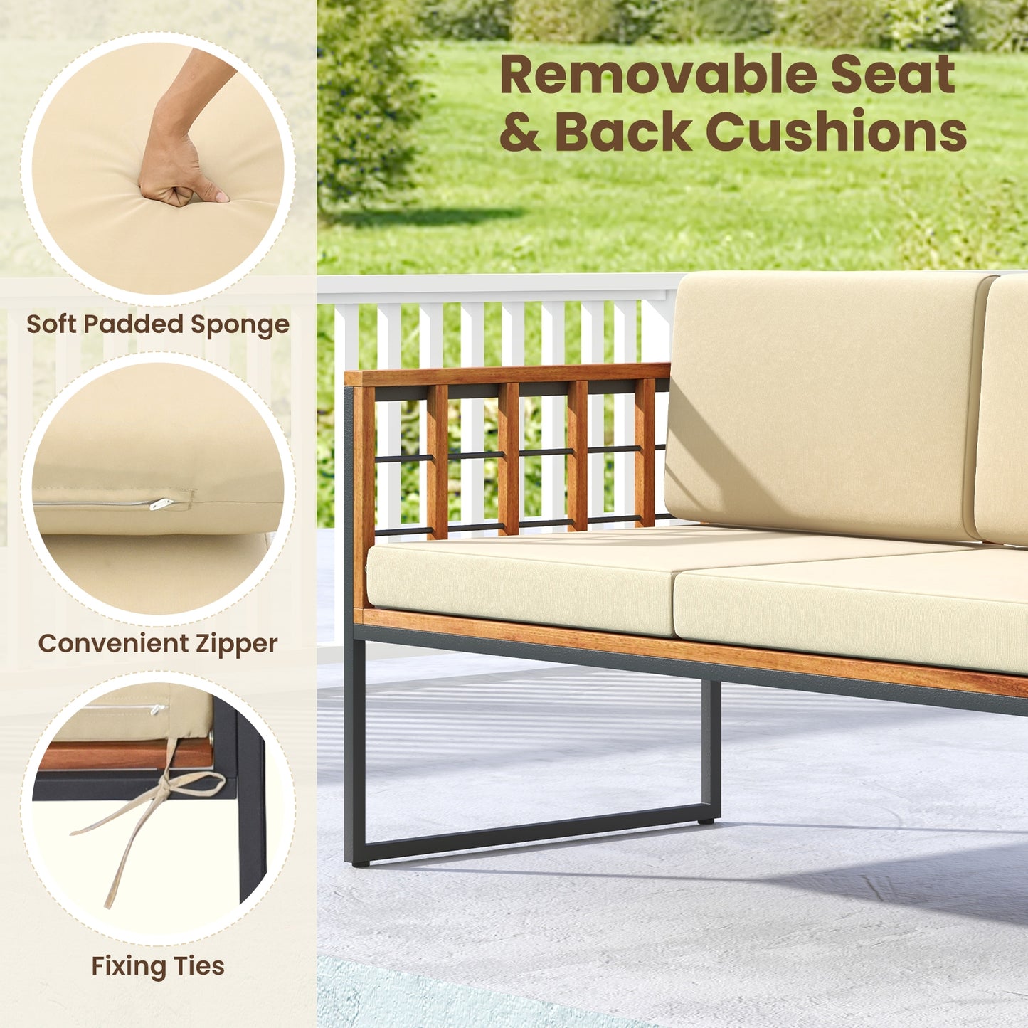 4 Pieces Acacia Wood Outdoor Sofa Set for Balcony Porch Backyard Poolside