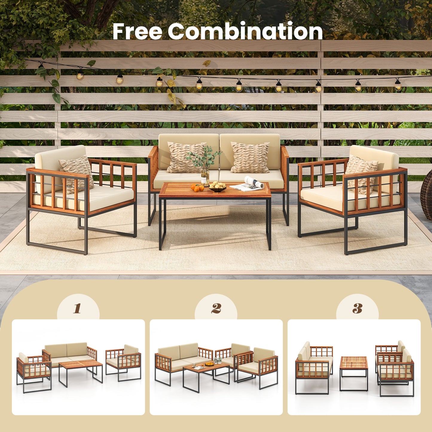4 Pieces Acacia Wood Outdoor Sofa Set for Balcony Porch Backyard Poolside