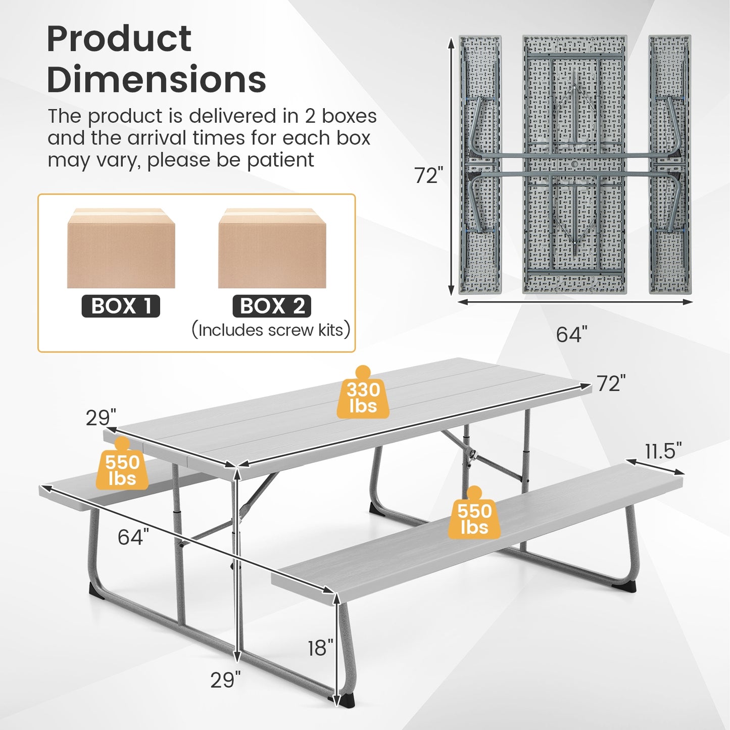 Folding Picnic Table Set with Metal Frame and All-Weather HDPE Tabletop Umbrella Hole-Gray