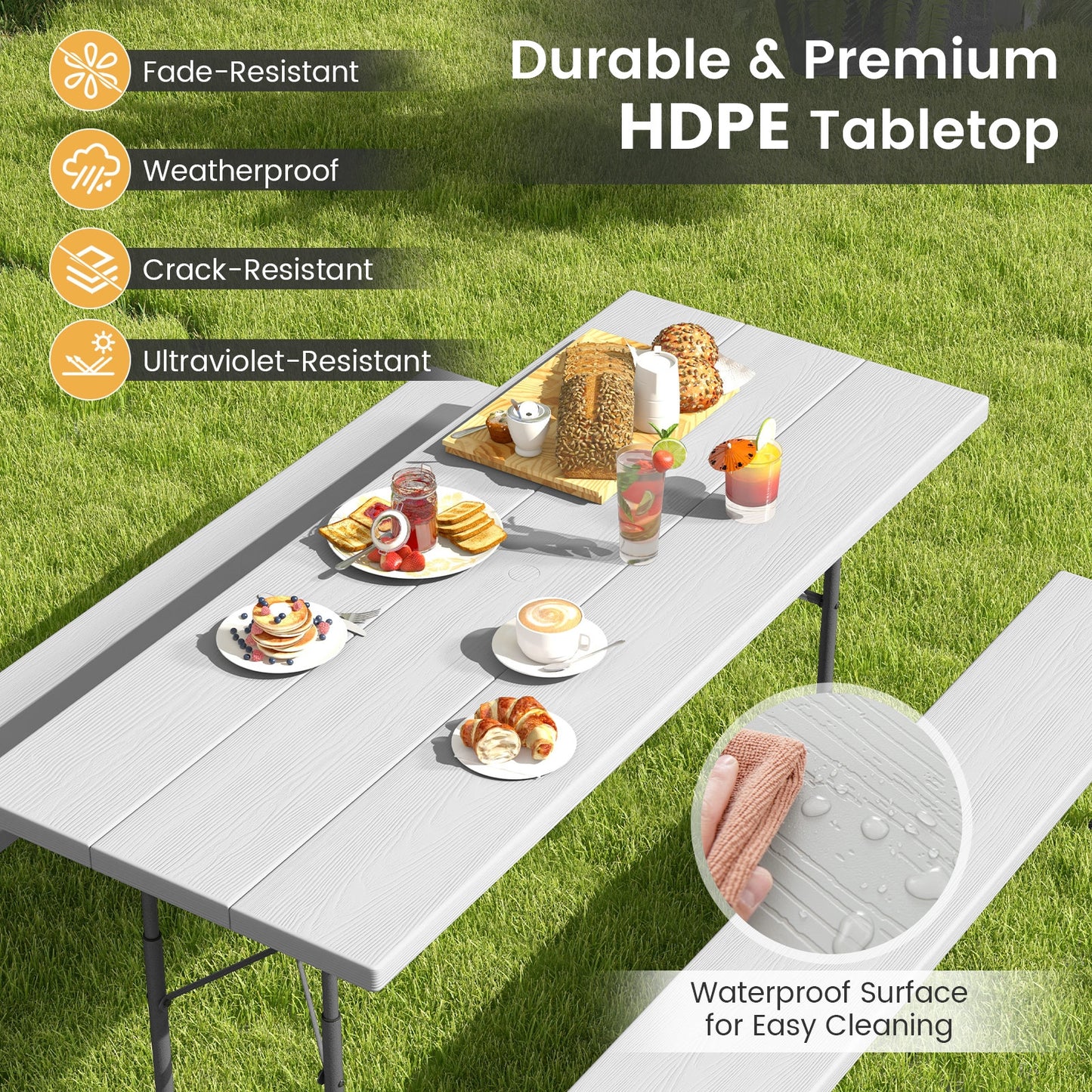 Folding Picnic Table Set with Metal Frame and All-Weather HDPE Tabletop Umbrella Hole-Gray