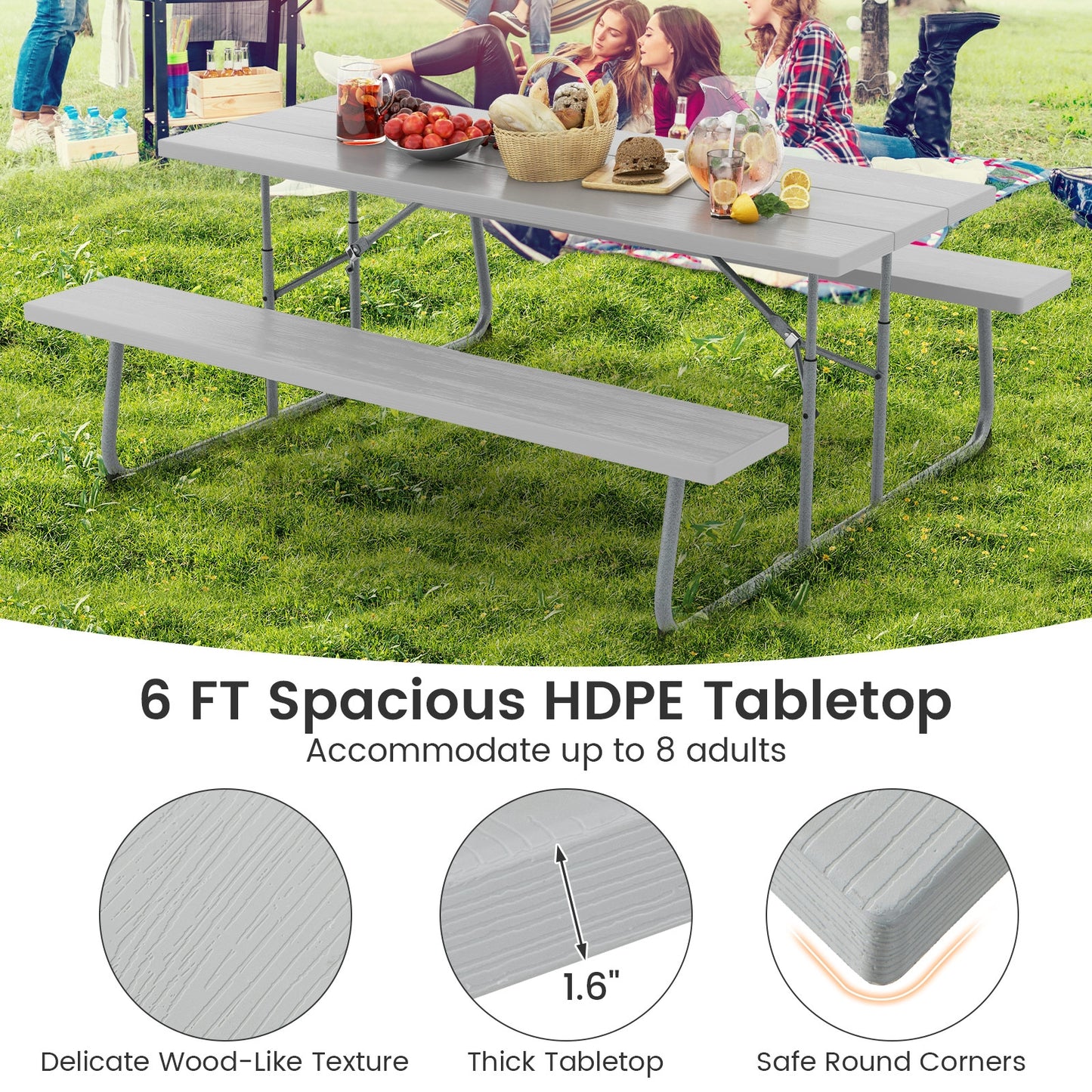 Folding Picnic Table Set with Metal Frame and All-Weather HDPE Tabletop Umbrella Hole-Gray